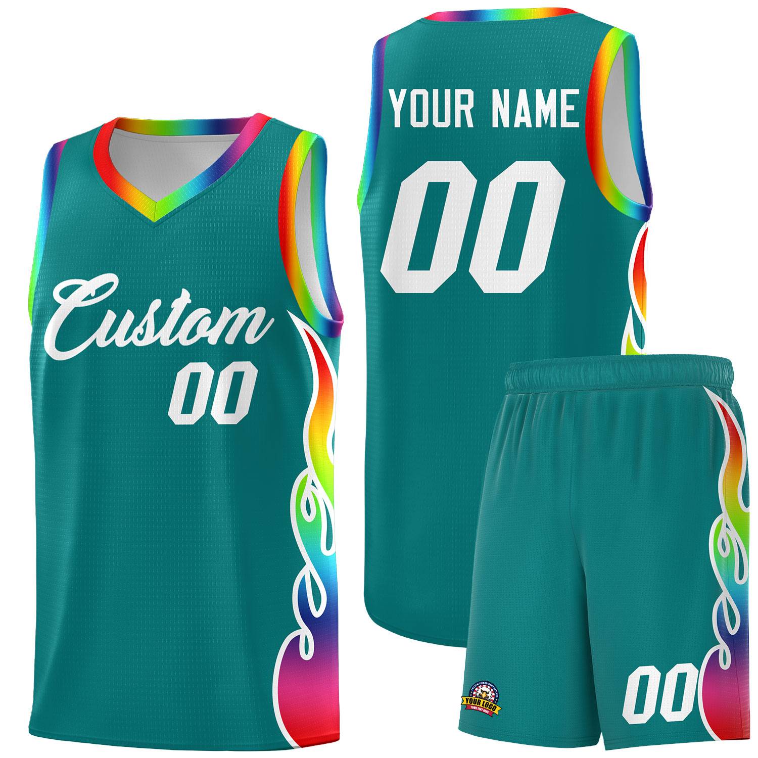 Custom Aqua Side Flame Pattern Fashion Sports Uniform Basketball Jersey