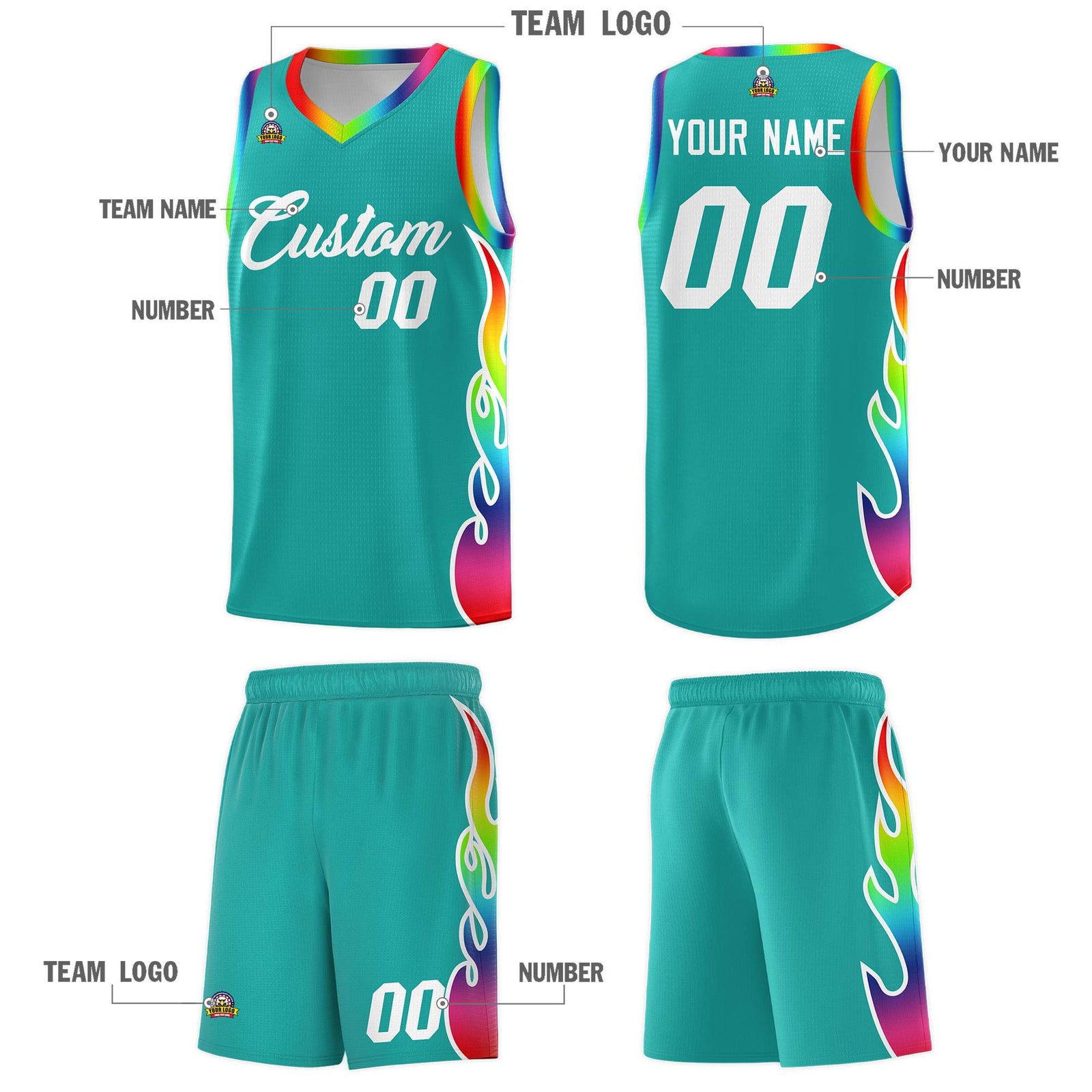 Custom Aqua Side Flame Pattern Fashion Sports Uniform Basketball Jersey