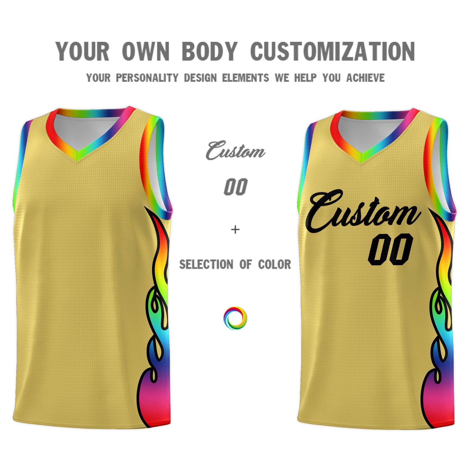 Custom Old Gold Side Flame Pattern Fashion Sports Uniform Basketball Jersey