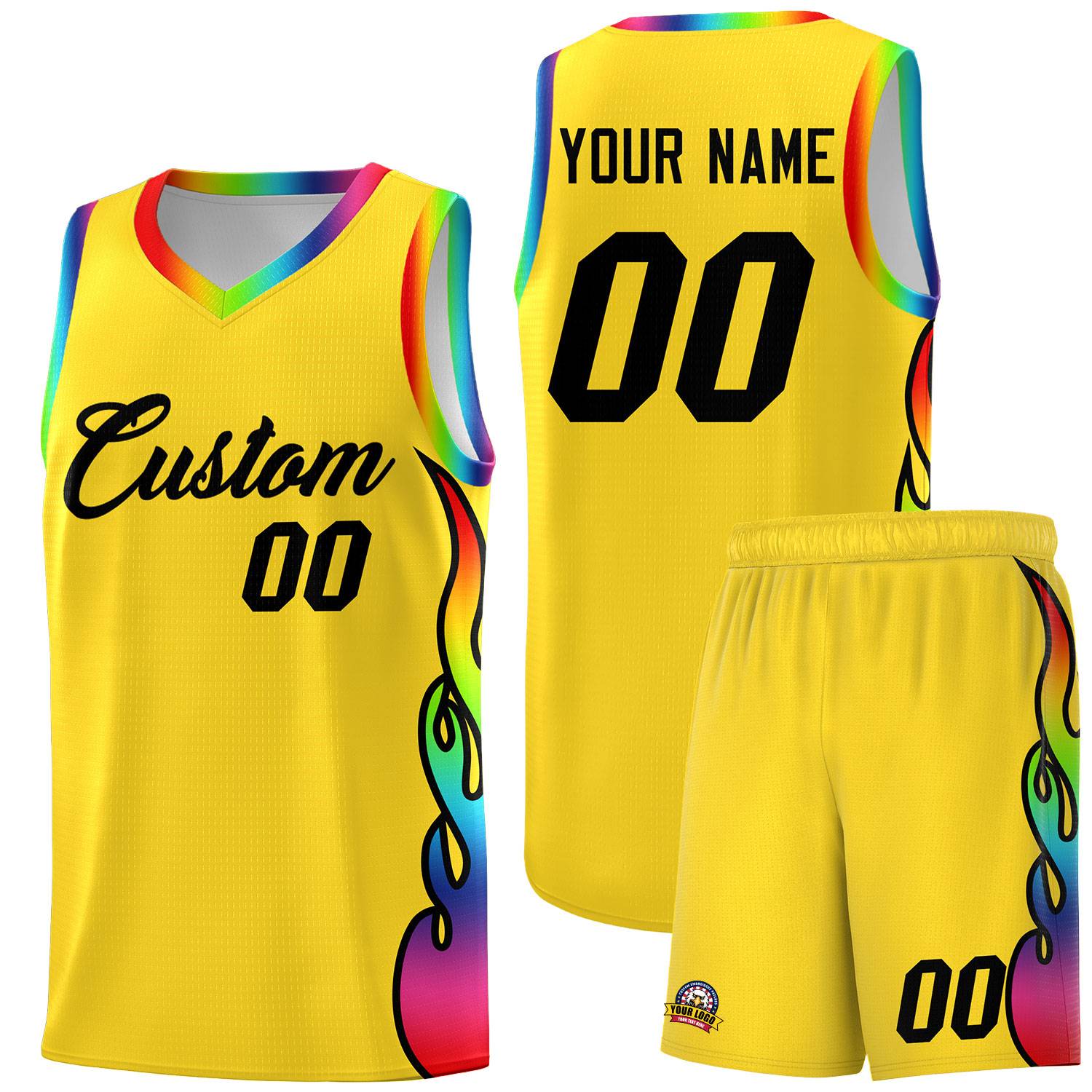 Custom Gold Side Flame Pattern Fashion Sports Uniform Basketball Jersey