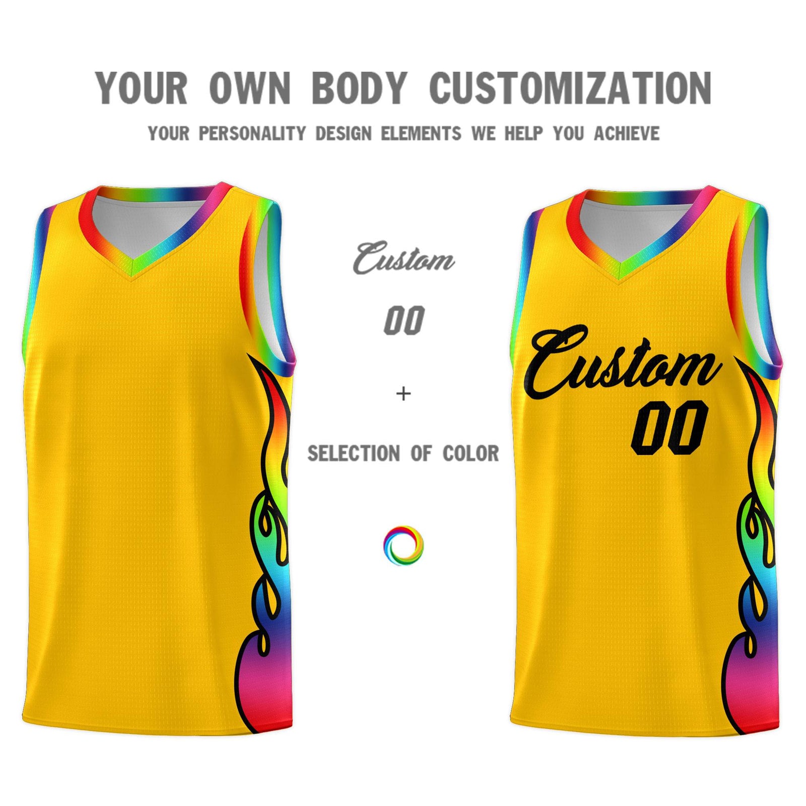 Custom Yellow Side Flame Pattern Fashion Sports Uniform Basketball Jersey