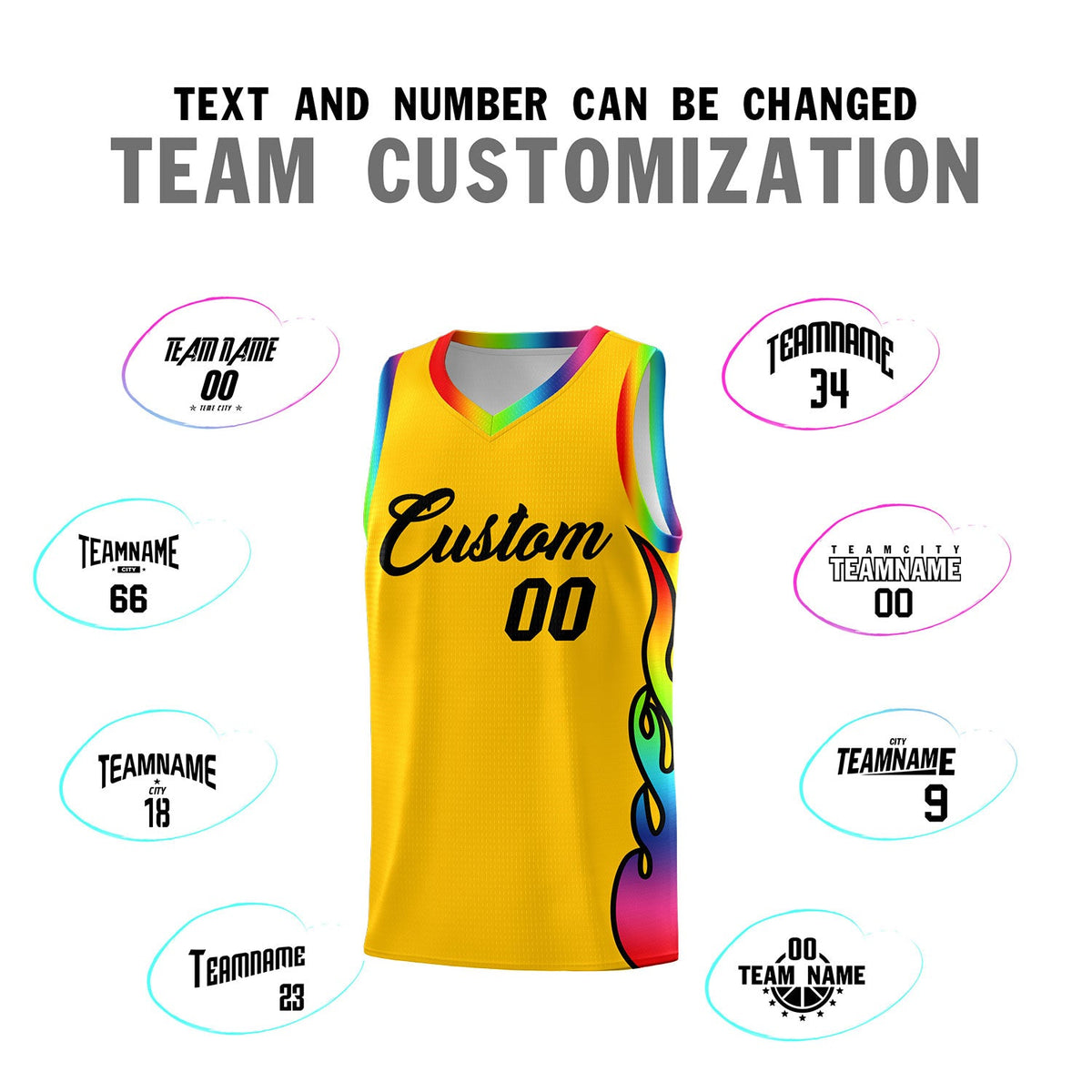 Custom Yellow Side Flame Pattern Fashion Sports Uniform Basketball Jersey