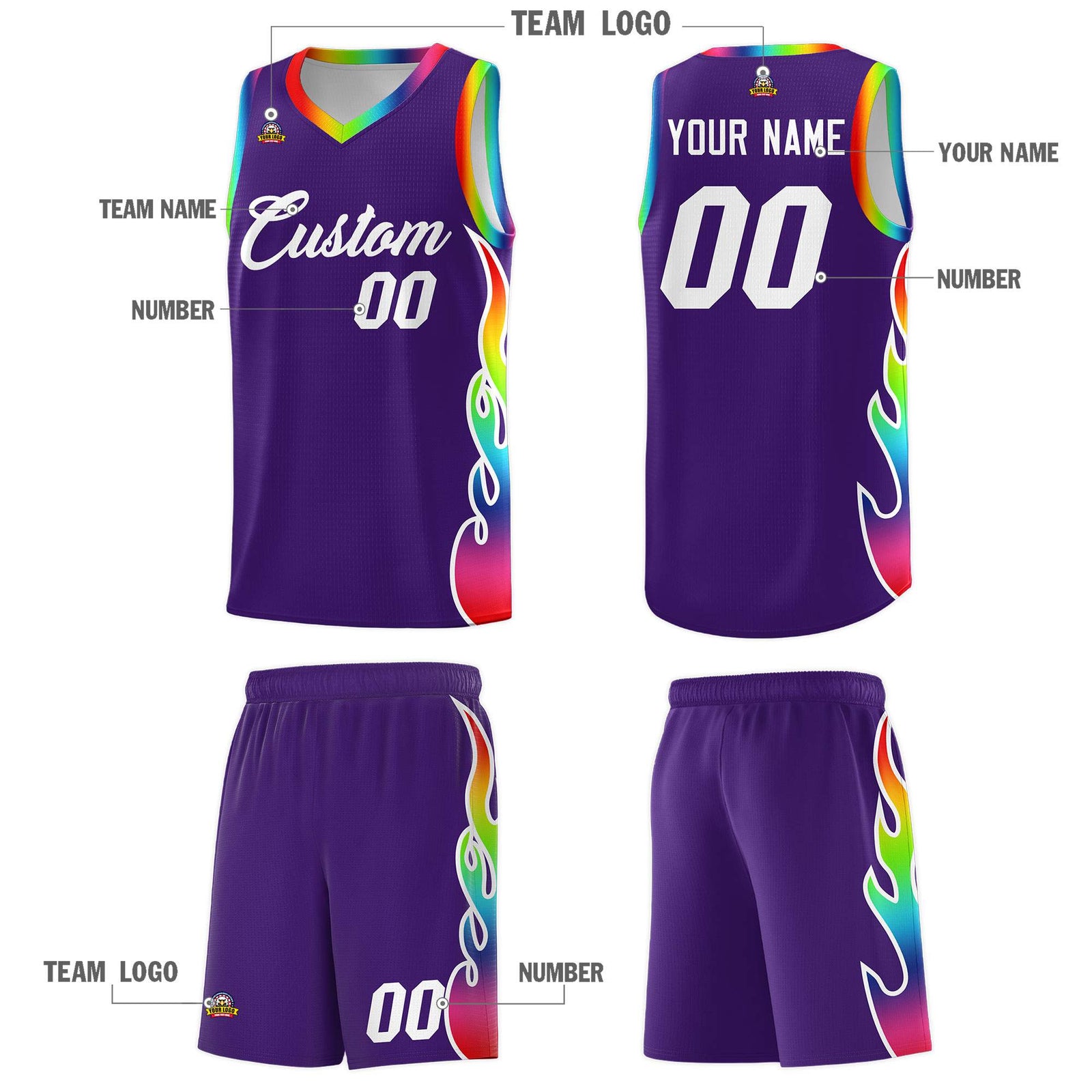 Custom Purple Side Flame Pattern Fashion Sports Uniform Basketball Jersey