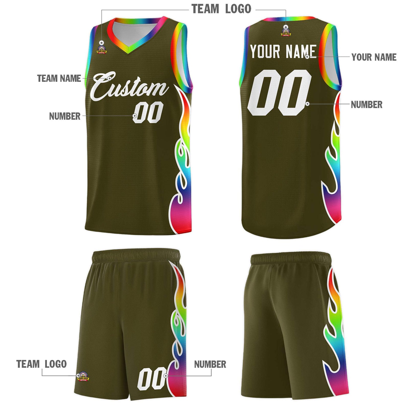 Custom Olive Side Flame Pattern Fashion Sports Uniform Basketball Jersey