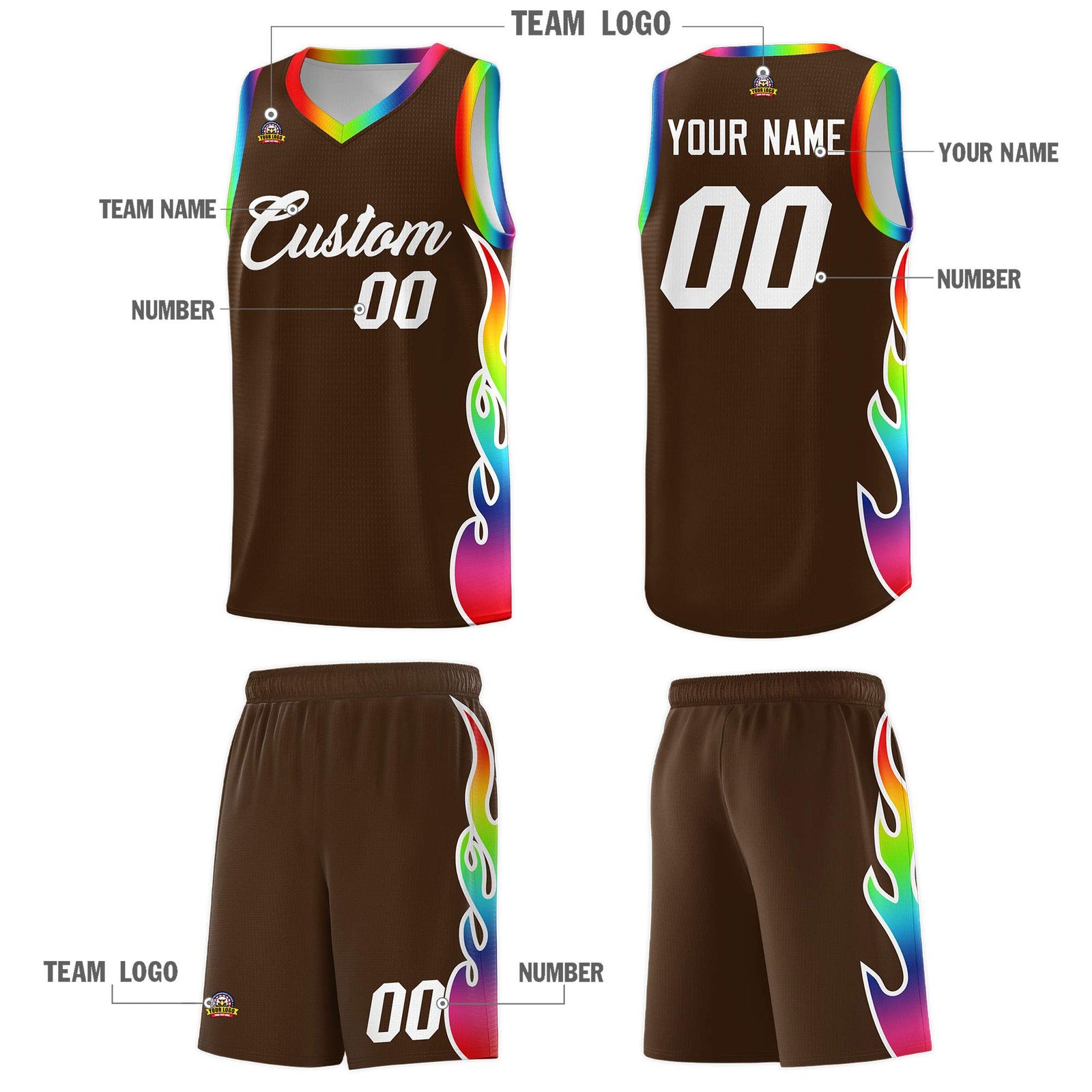 Custom Brown Side Flame Pattern Fashion Sports Uniform Basketball Jersey