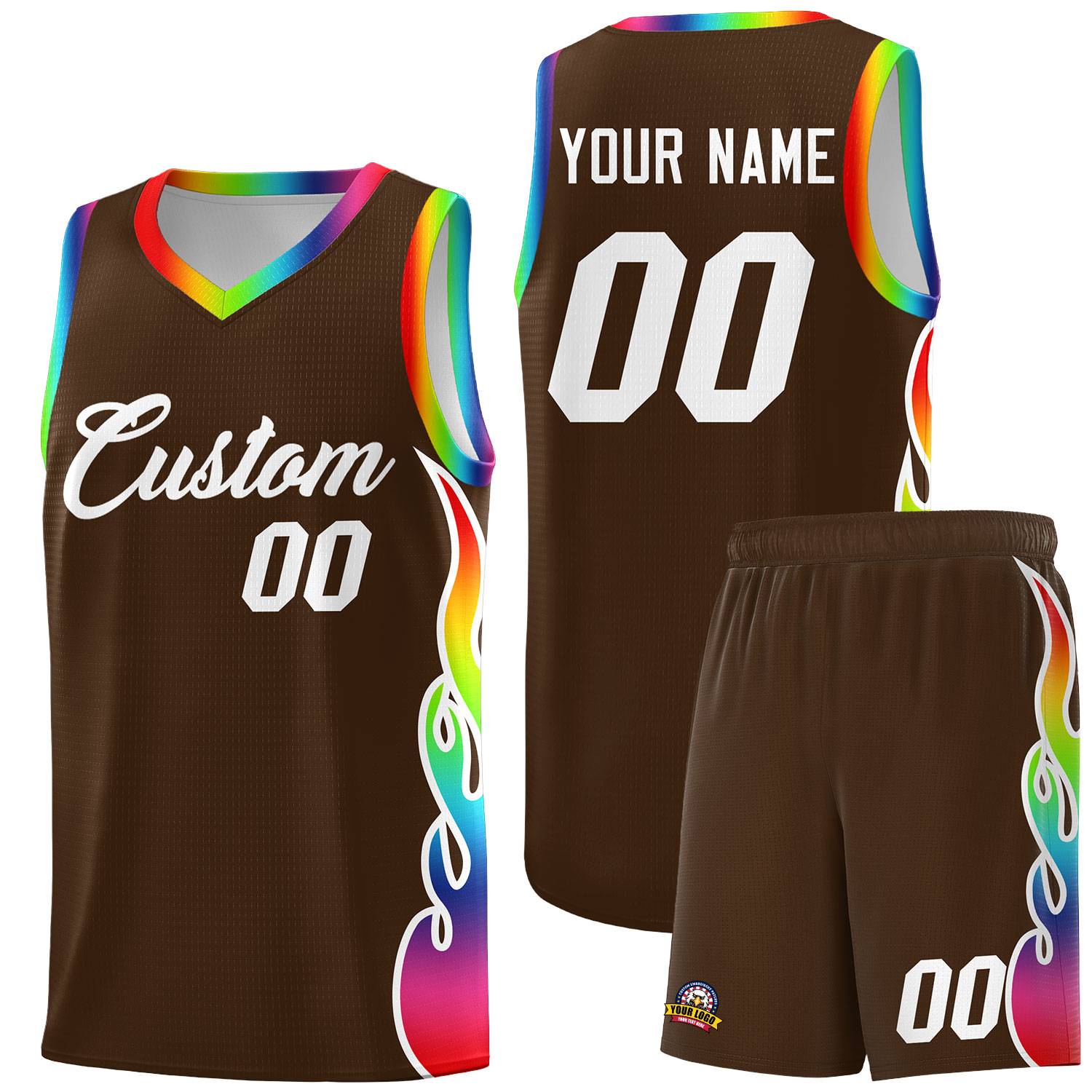 Custom Brown Side Flame Pattern Fashion Sports Uniform Basketball Jersey