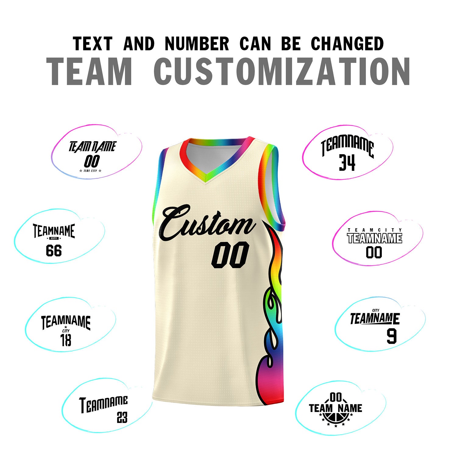Custom Cream Side Flame Pattern Fashion Sports Uniform Basketball Jersey