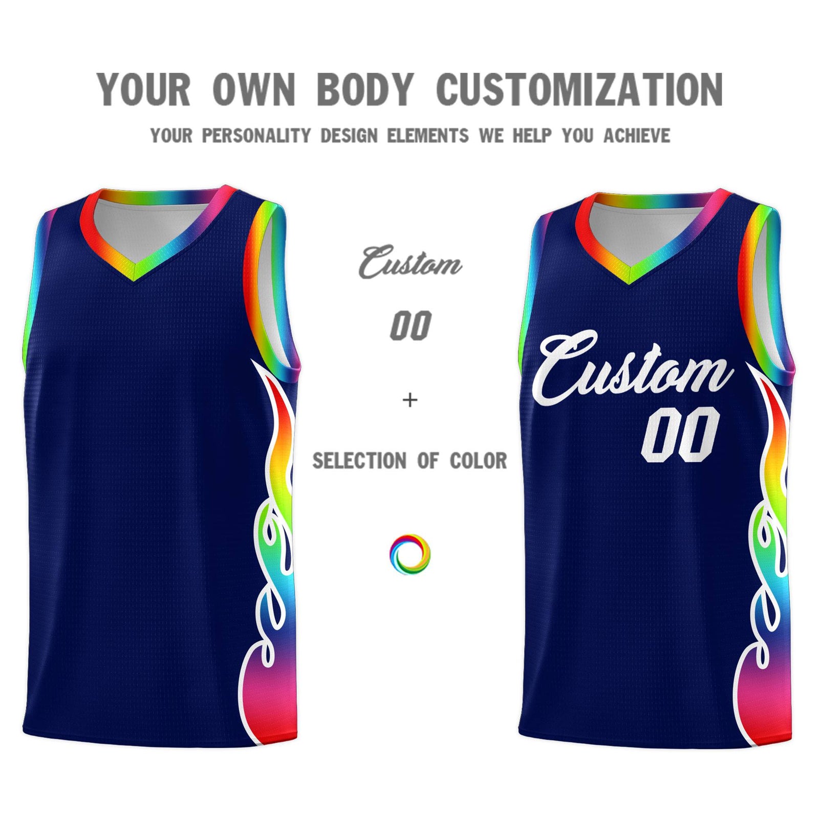 Custom Navy Side Flame Pattern Fashion Sports Uniform Basketball Jersey