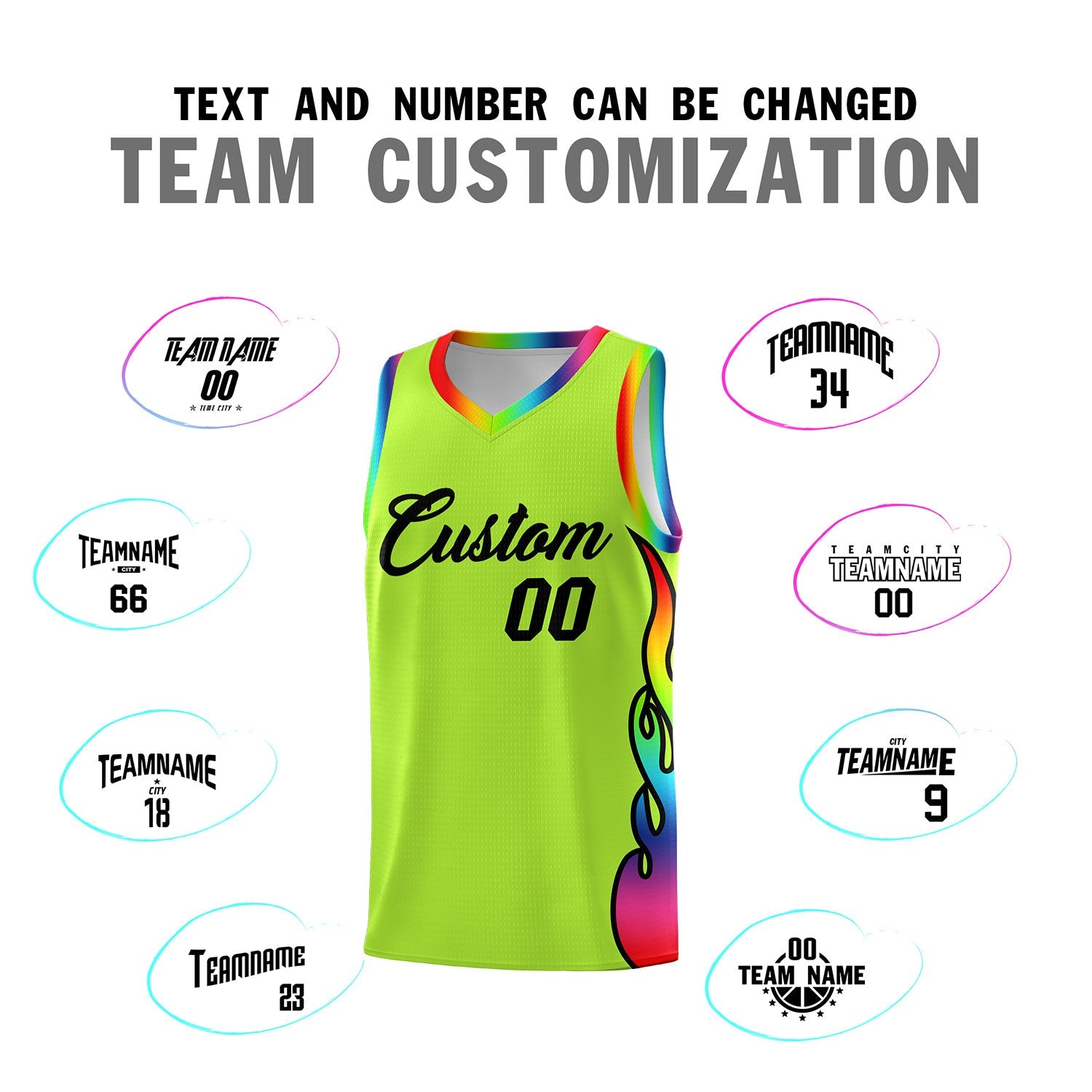 Custom Neon Green Side Flame Pattern Fashion Sports Uniform Basketball Jersey