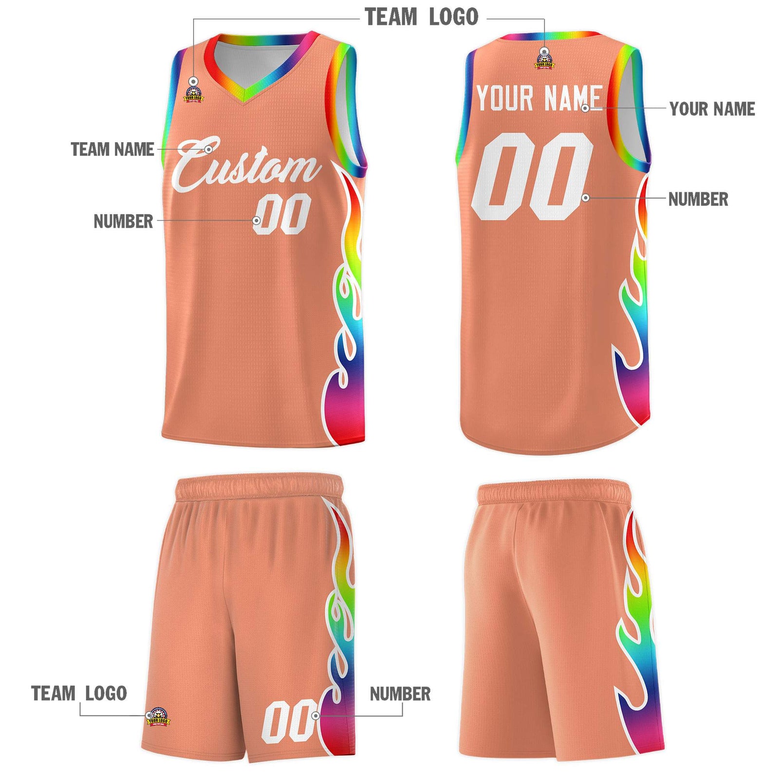 Custom Light Orange Side Flame Pattern Fashion Sports Uniform Basketball Jersey