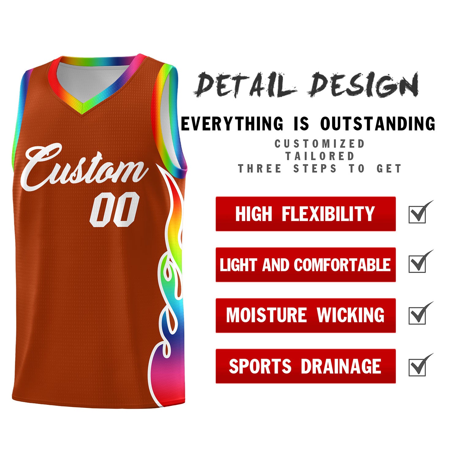 Custom Texas Orange Side Flame Pattern Fashion Sports Uniform Basketball Jersey