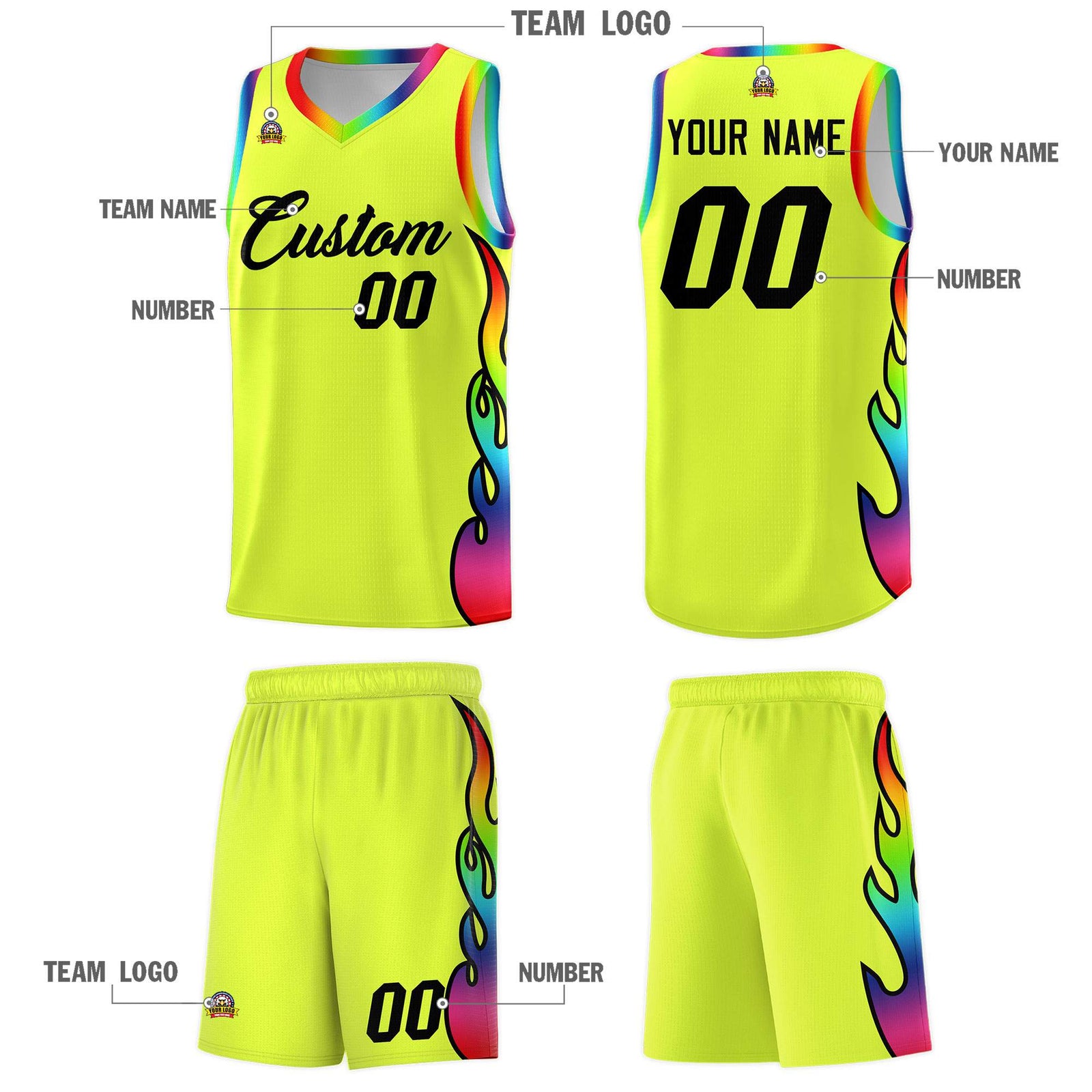 Custom Fluorescent Green Side Flame Pattern Fashion Sports Uniform Basketball Jersey