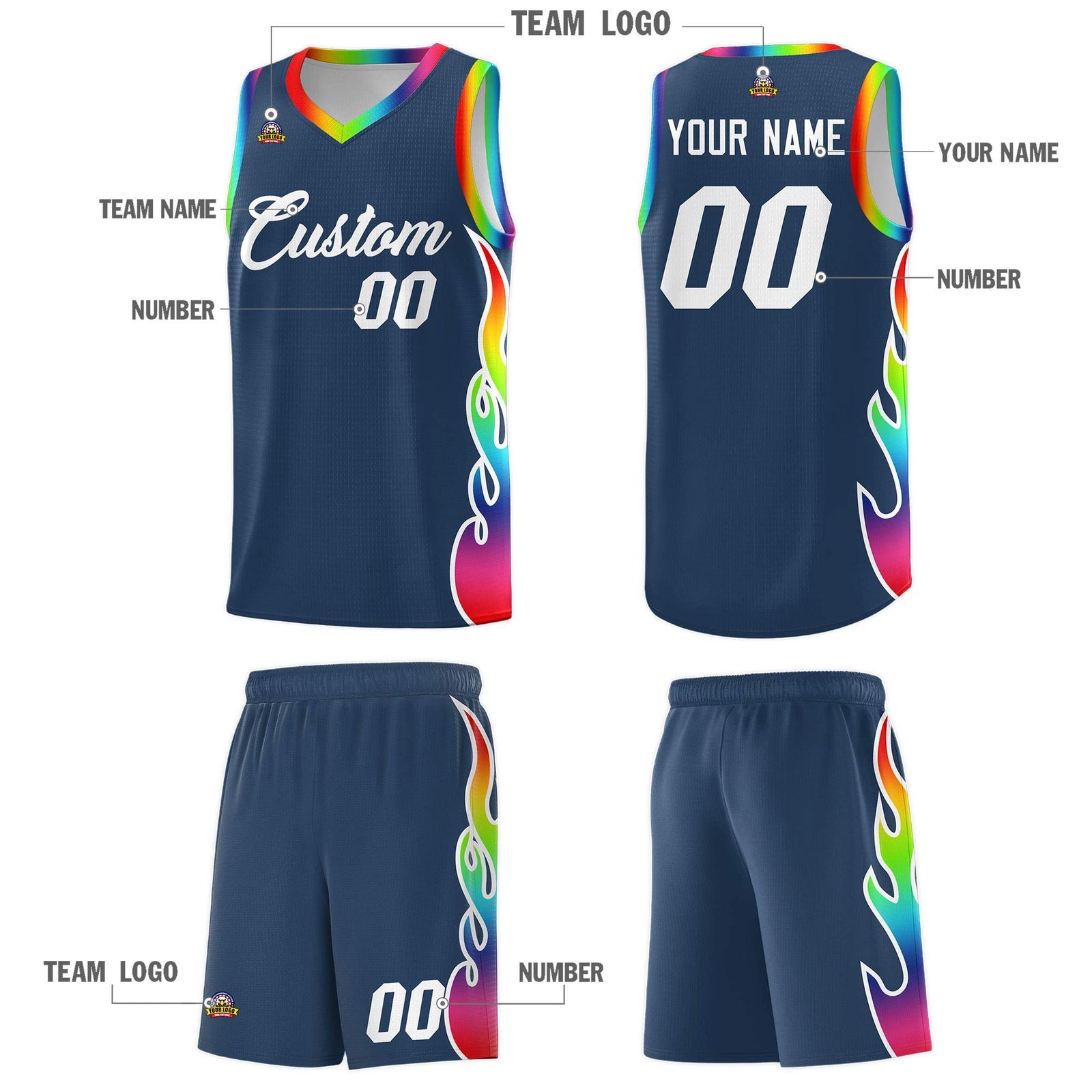 Custom Midnight Blue Side Flame Pattern Fashion Sports Uniform Basketball Jersey