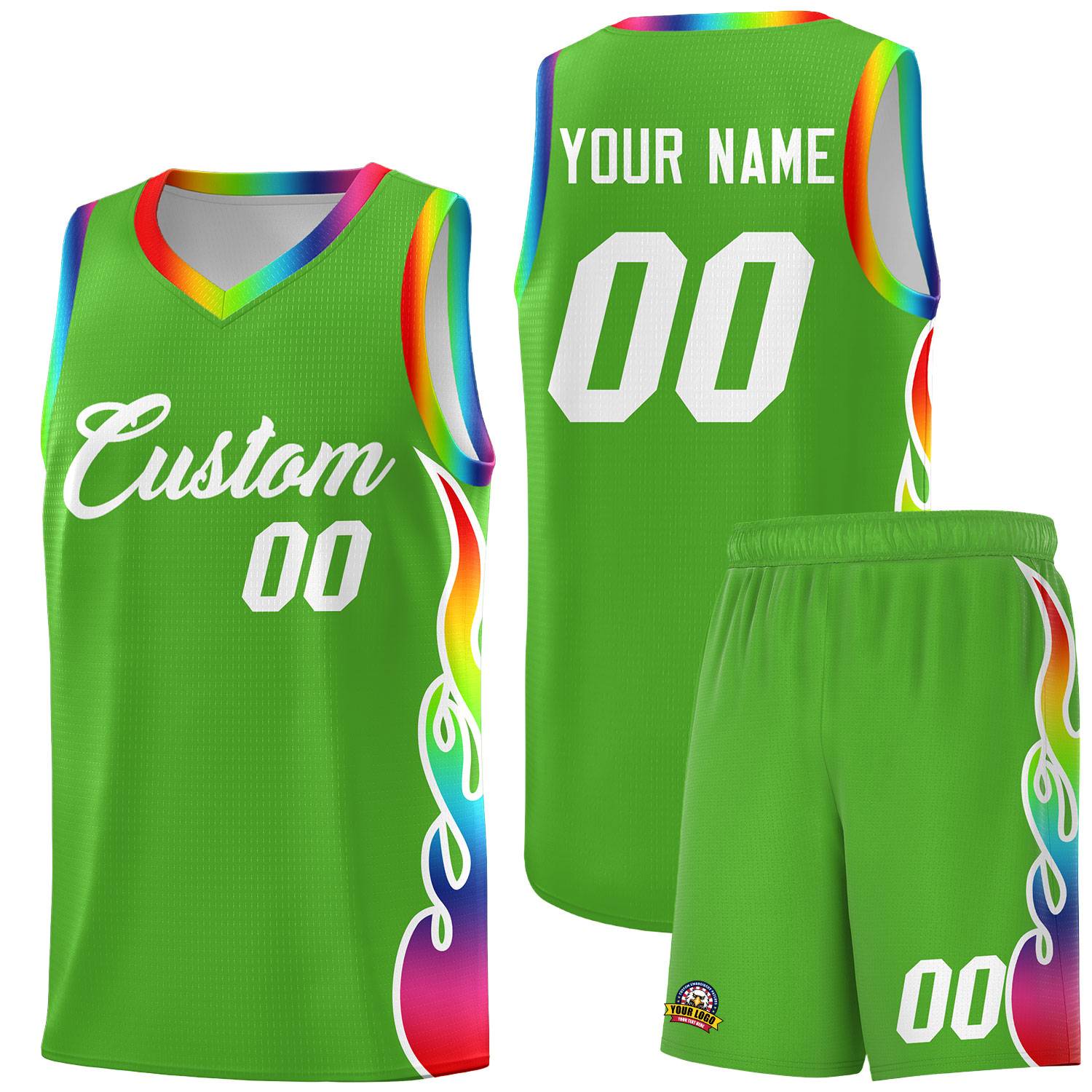 Custom Neon Green Side Flame Pattern Fashion Sports Uniform Basketball Jersey