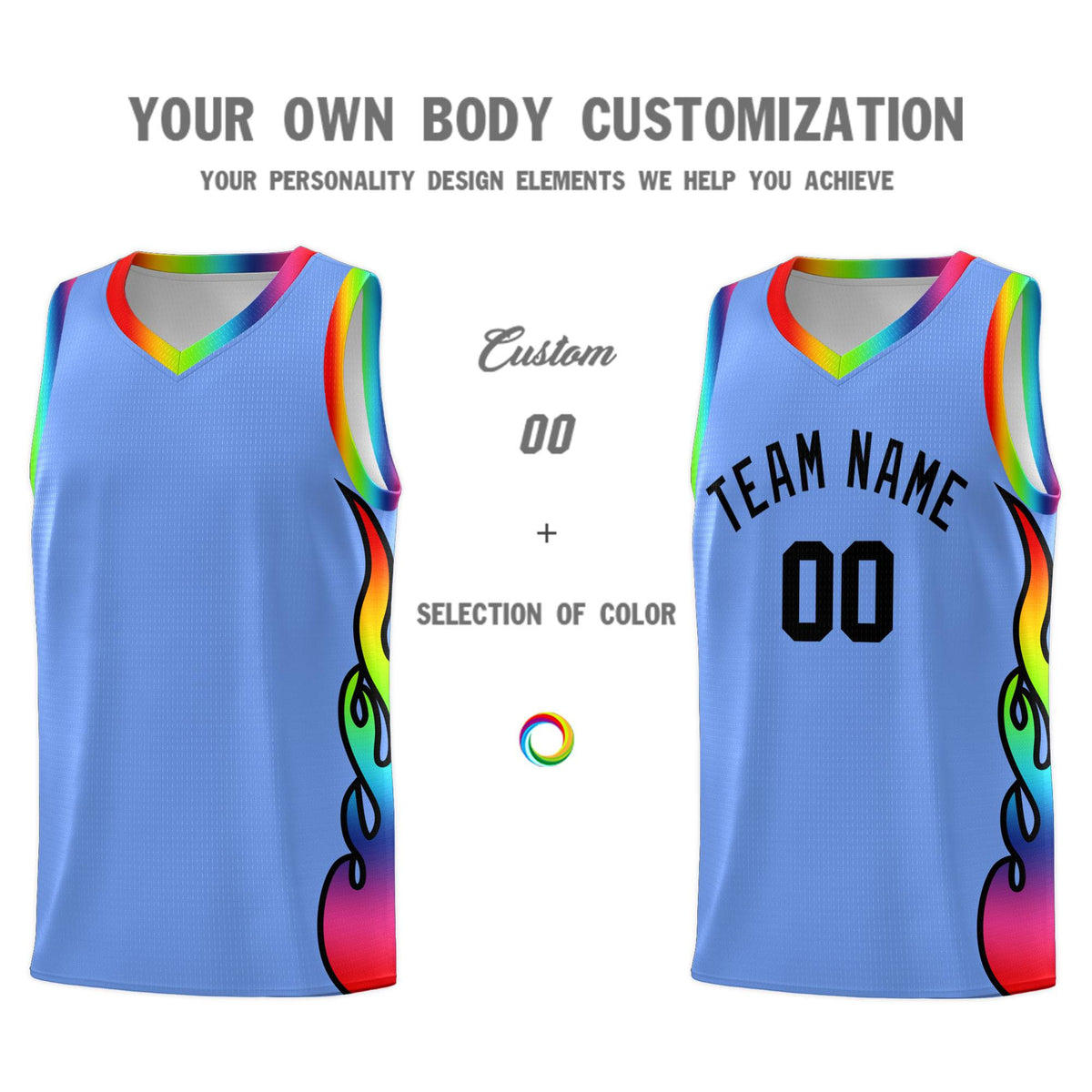 Custom Light Blue Side Flame Pattern Fashion Sports Uniform Basketball Jersey