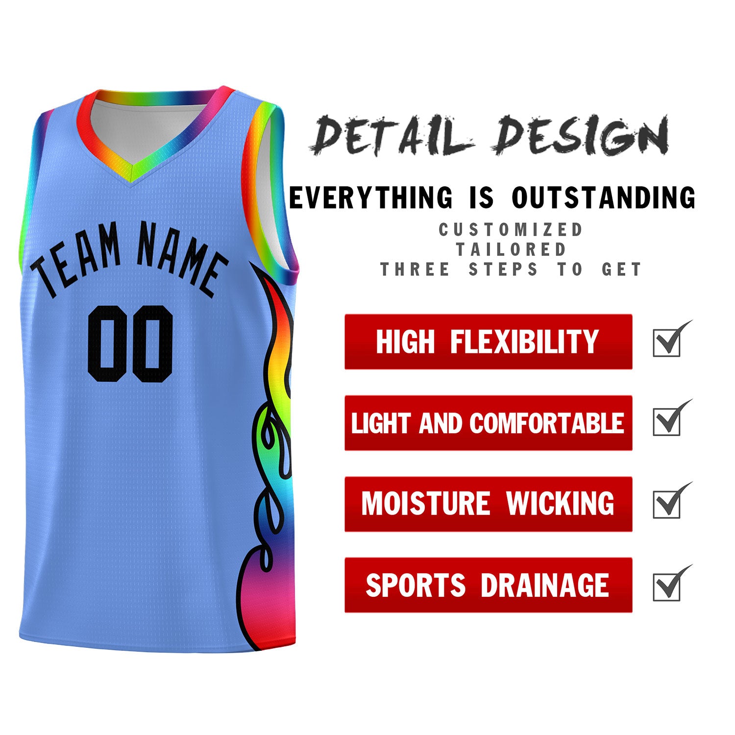 Custom Light Blue Side Flame Pattern Fashion Sports Uniform Basketball Jersey