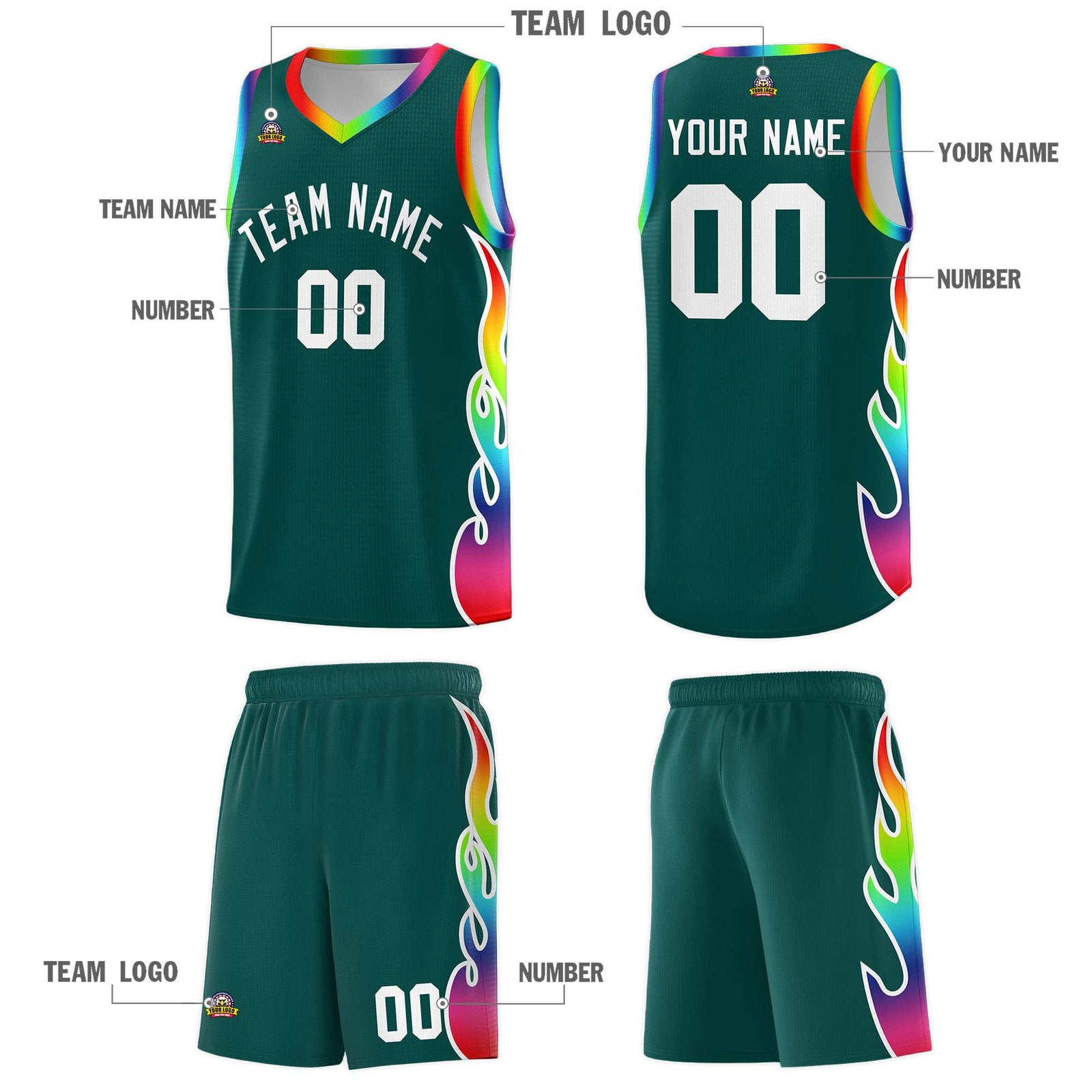 Custom Midnight Green Side Flame Pattern Fashion Sports Uniform Basketball Jersey