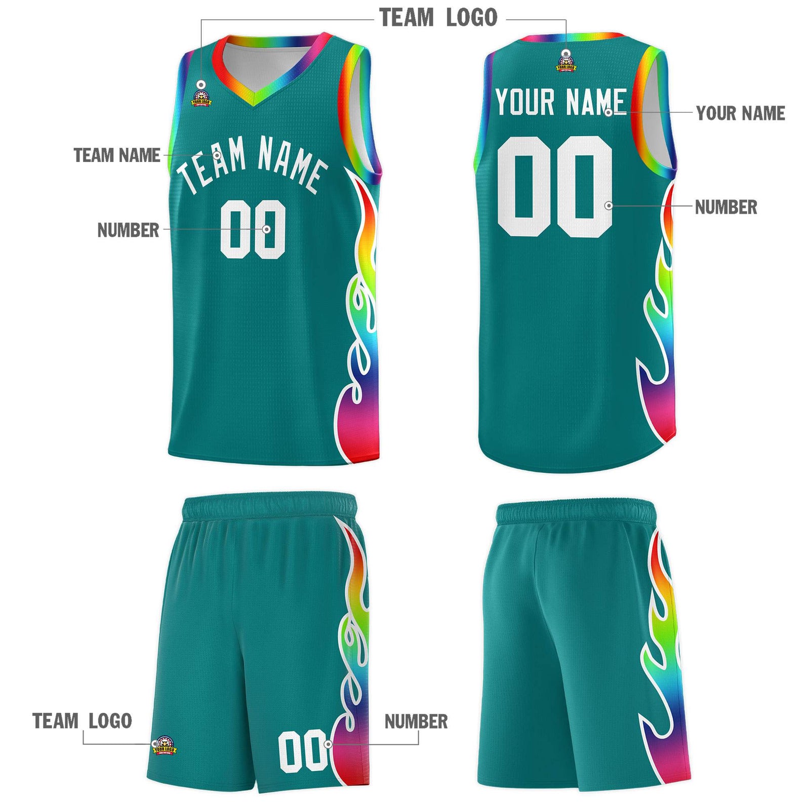 Custom Aqua Side Flame Pattern Fashion Sports Uniform Basketball Jersey