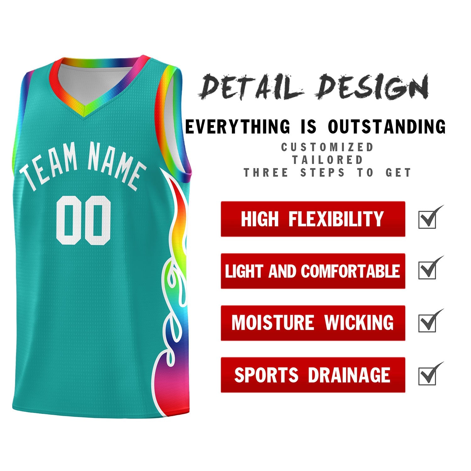 Custom Aqua Side Flame Pattern Fashion Sports Uniform Basketball Jersey