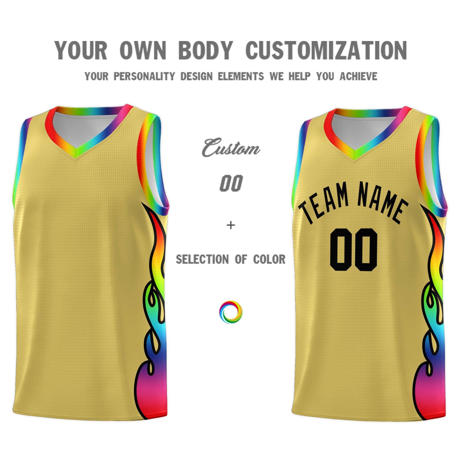Custom Old Gold Side Flame Pattern Fashion Sports Uniform Basketball Jersey