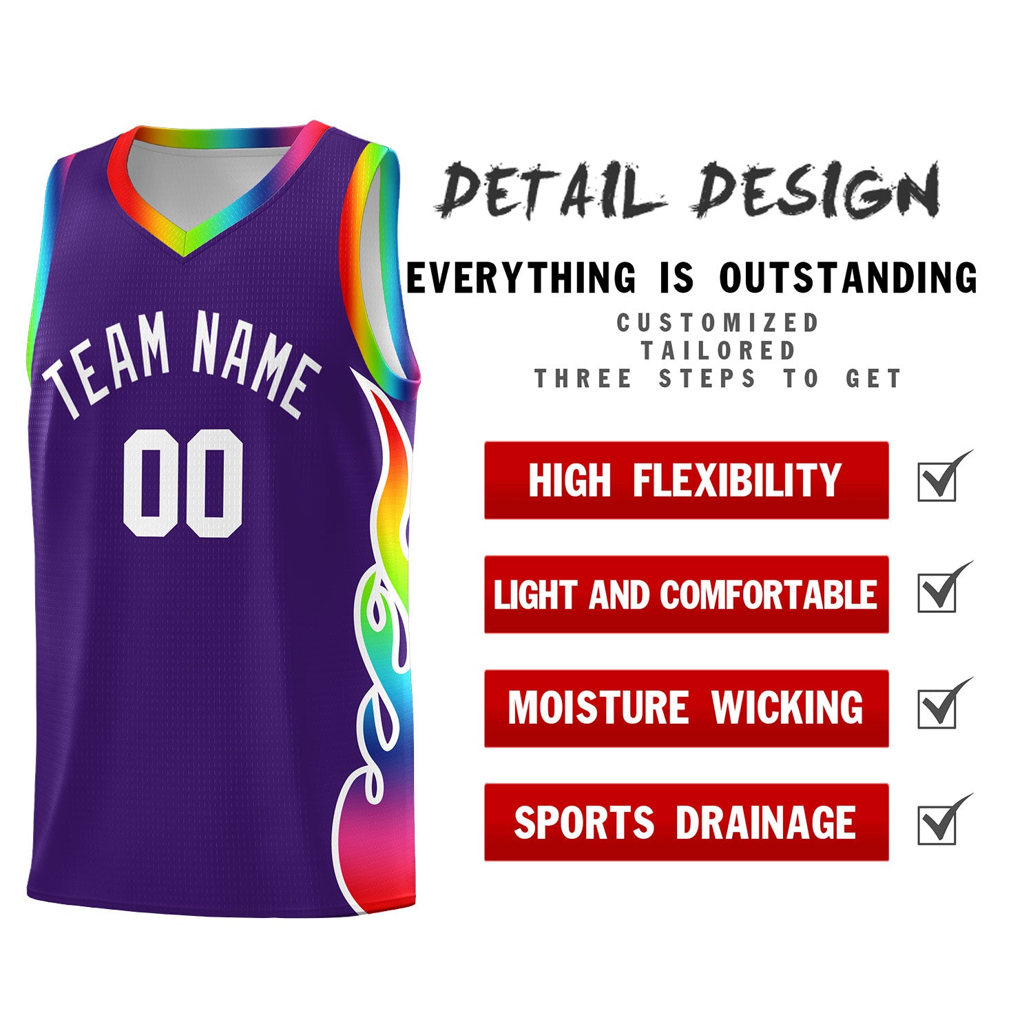 Custom Purple Side Flame Pattern Fashion Sports Uniform Basketball Jersey