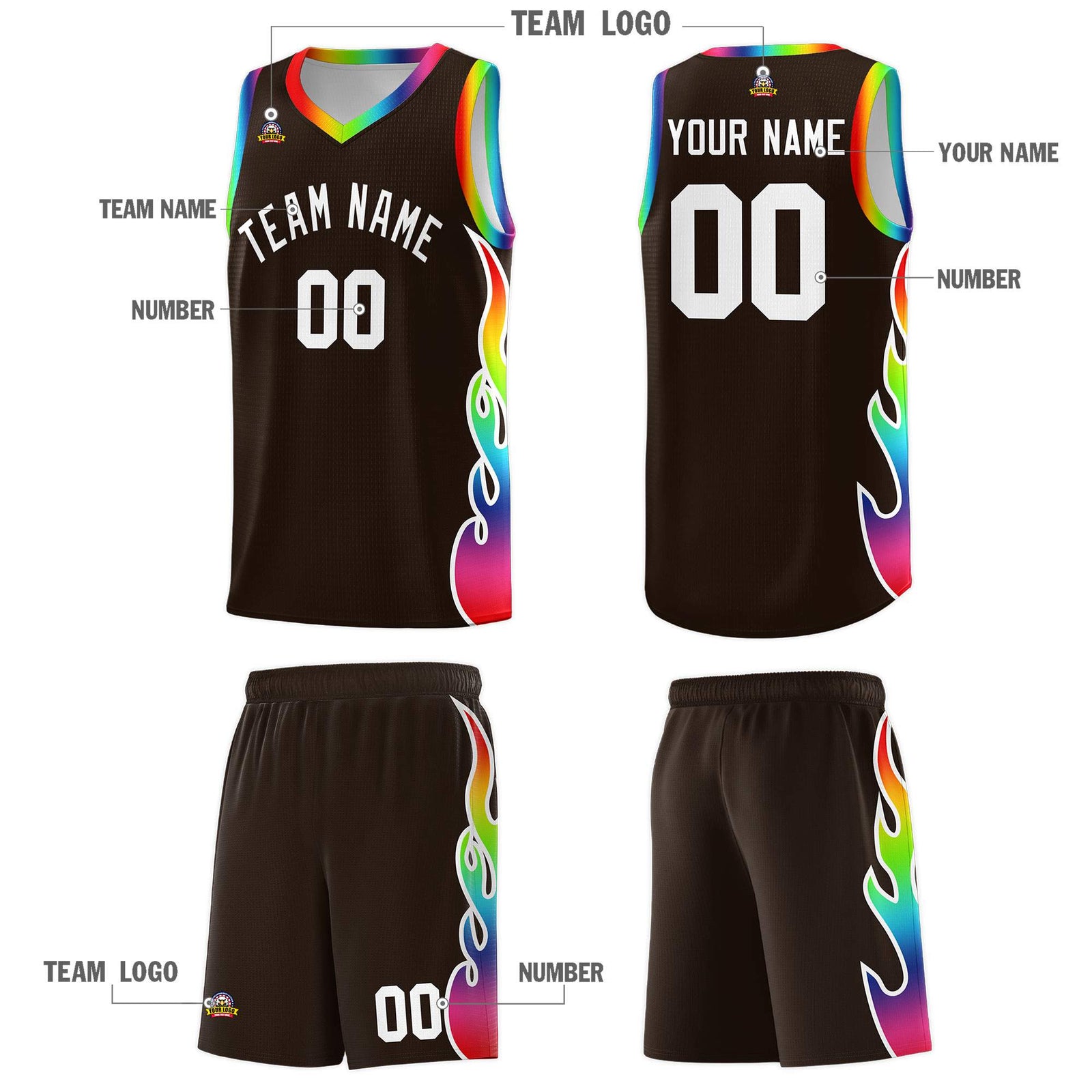 Custom Brown Side Flame Pattern Fashion Sports Uniform Basketball Jersey