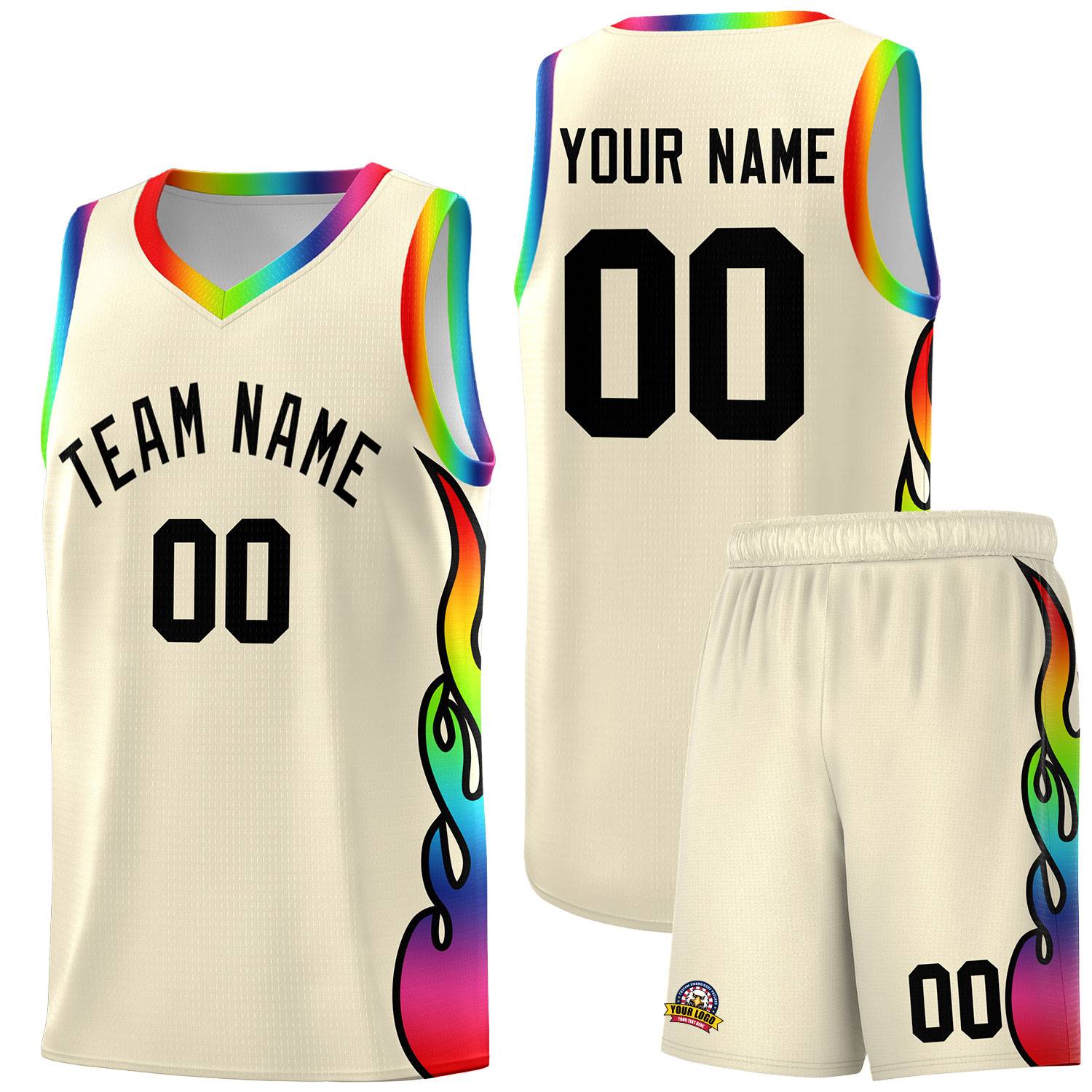 Custom Cream Side Flame Pattern Fashion Sports Uniform Basketball Jersey