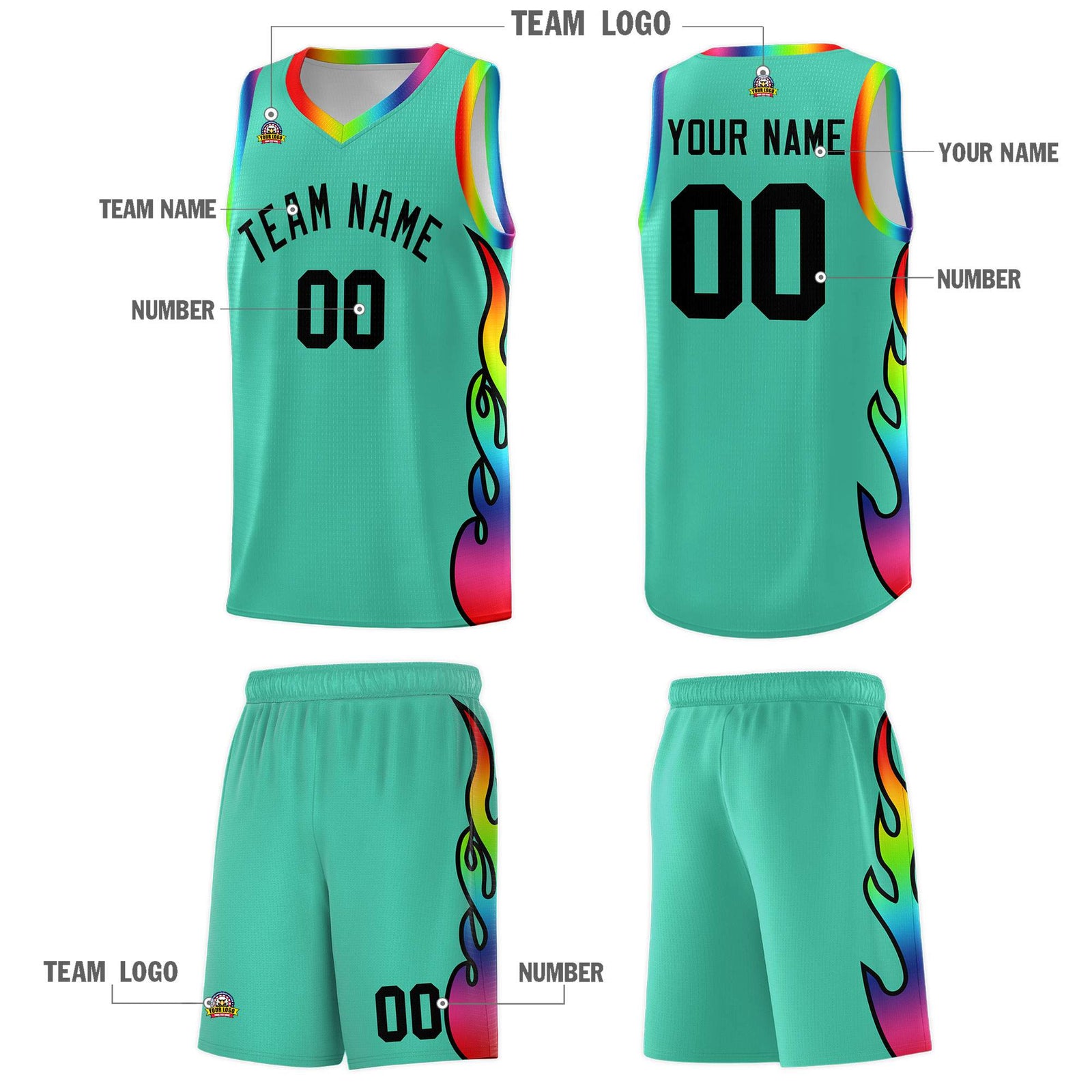 Custom Bright Green Side Flame Pattern Fashion Sports Uniform Basketball Jersey