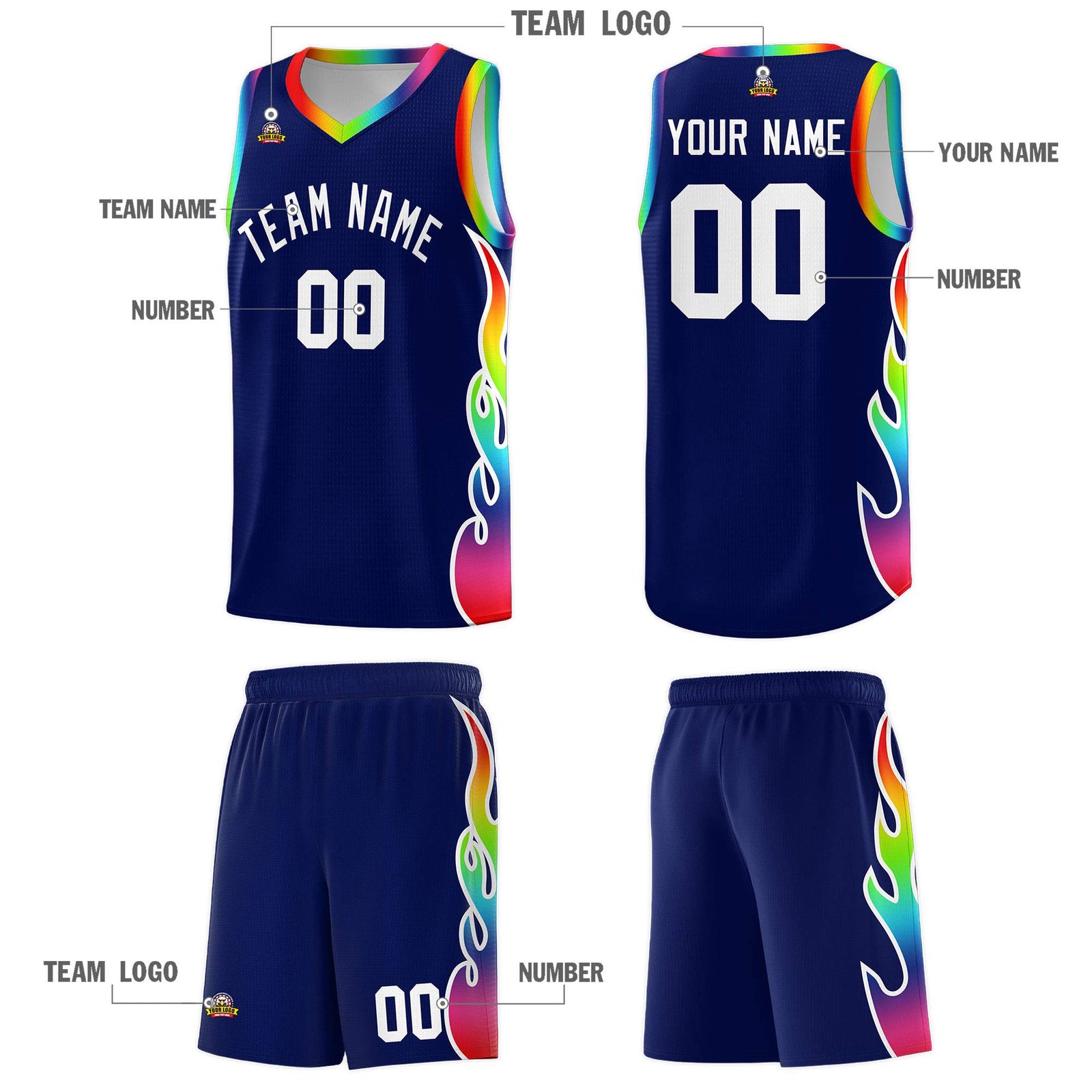 Custom Navy Side Flame Pattern Fashion Sports Uniform Basketball Jersey