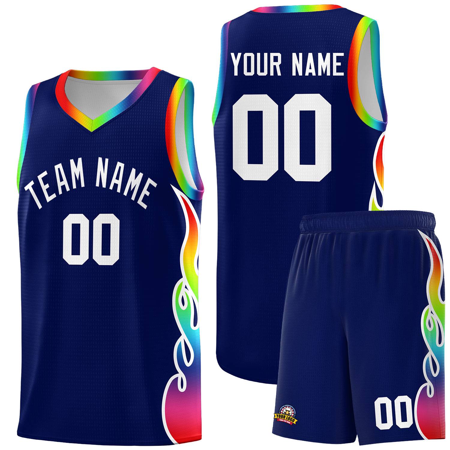 Custom Navy Side Flame Pattern Fashion Sports Uniform Basketball Jersey