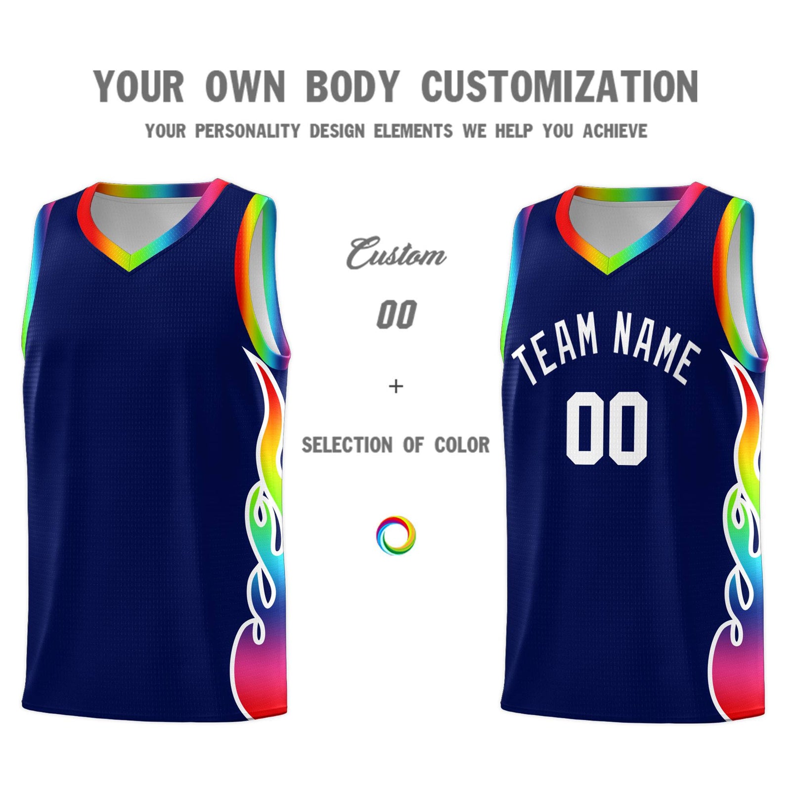 Custom Navy Side Flame Pattern Fashion Sports Uniform Basketball Jersey