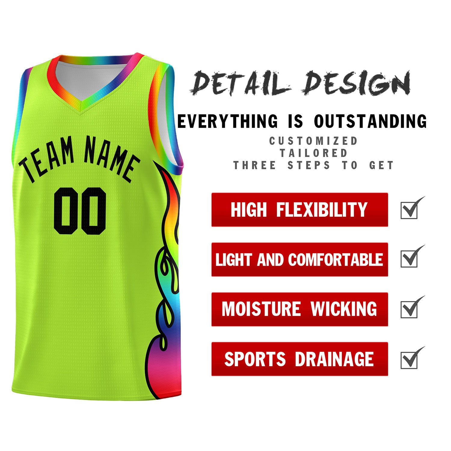 Custom Neon Green Side Flame Pattern Fashion Sports Uniform Basketball Jersey