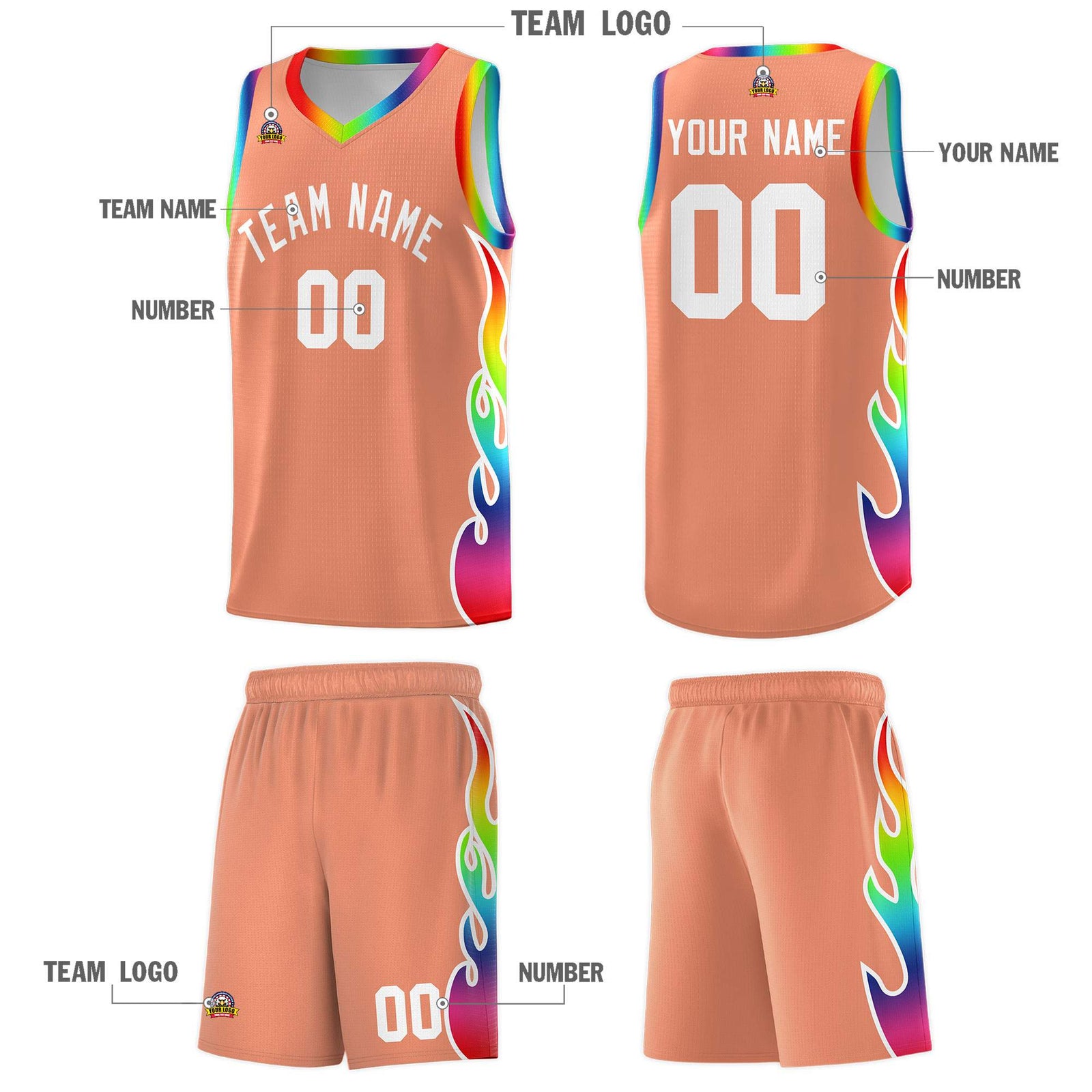 Custom Light Orange Side Flame Pattern Fashion Sports Uniform Basketball Jersey