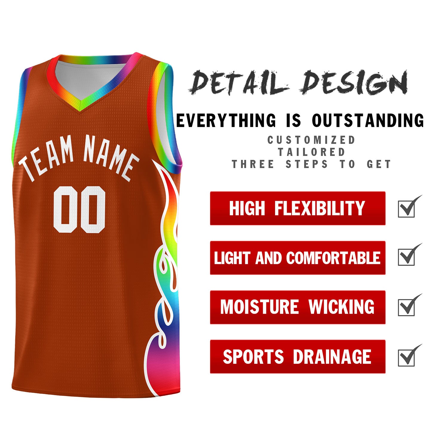 Custom Texas Orange Side Flame Pattern Fashion Sports Uniform Basketball Jersey