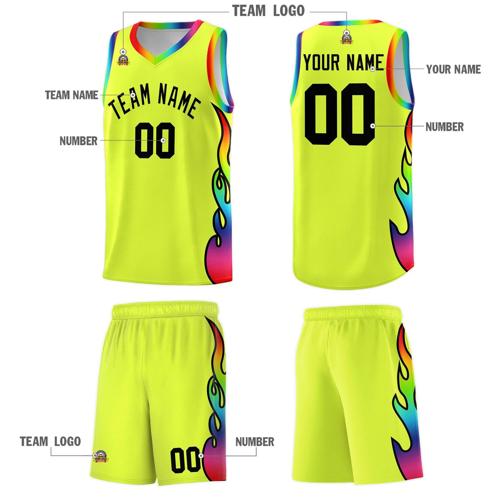 Custom Fluorescent Green Side Flame Pattern Fashion Sports Uniform Basketball Jersey