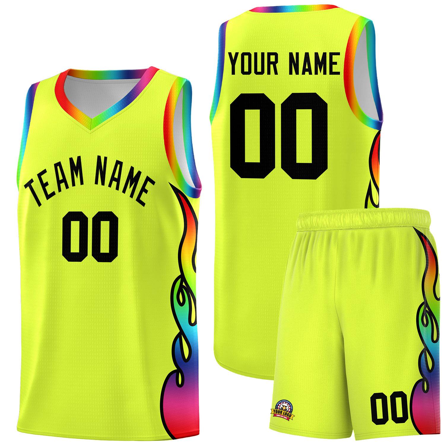 Custom Fluorescent Green Side Flame Pattern Fashion Sports Uniform Basketball Jersey