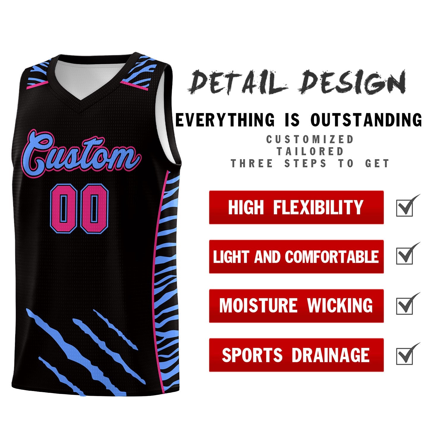 Custom Black Personalized Tiger Claw Pattern Sports Uniform Basketball Jersey