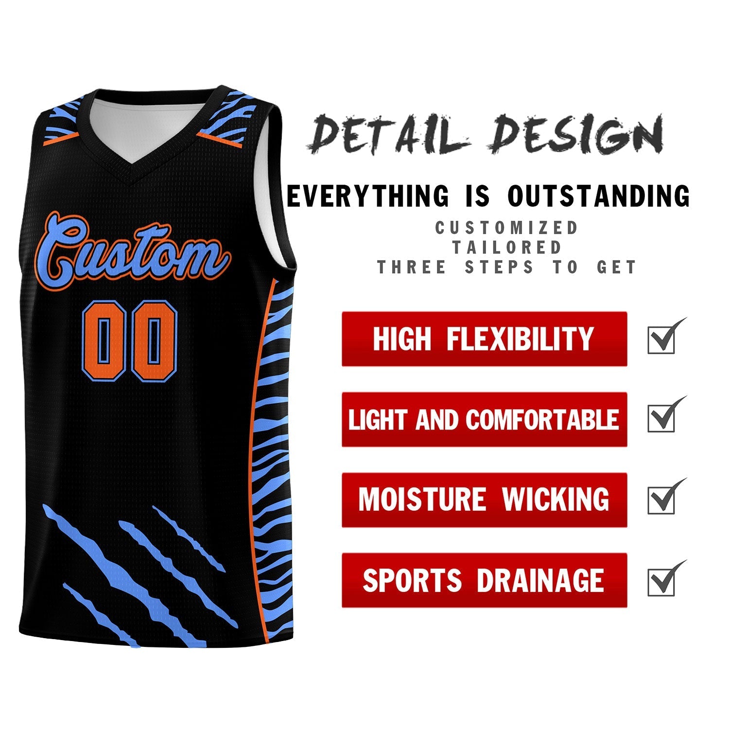 Custom Black Personalized Tiger Claw Pattern Sports Uniform Basketball Jersey