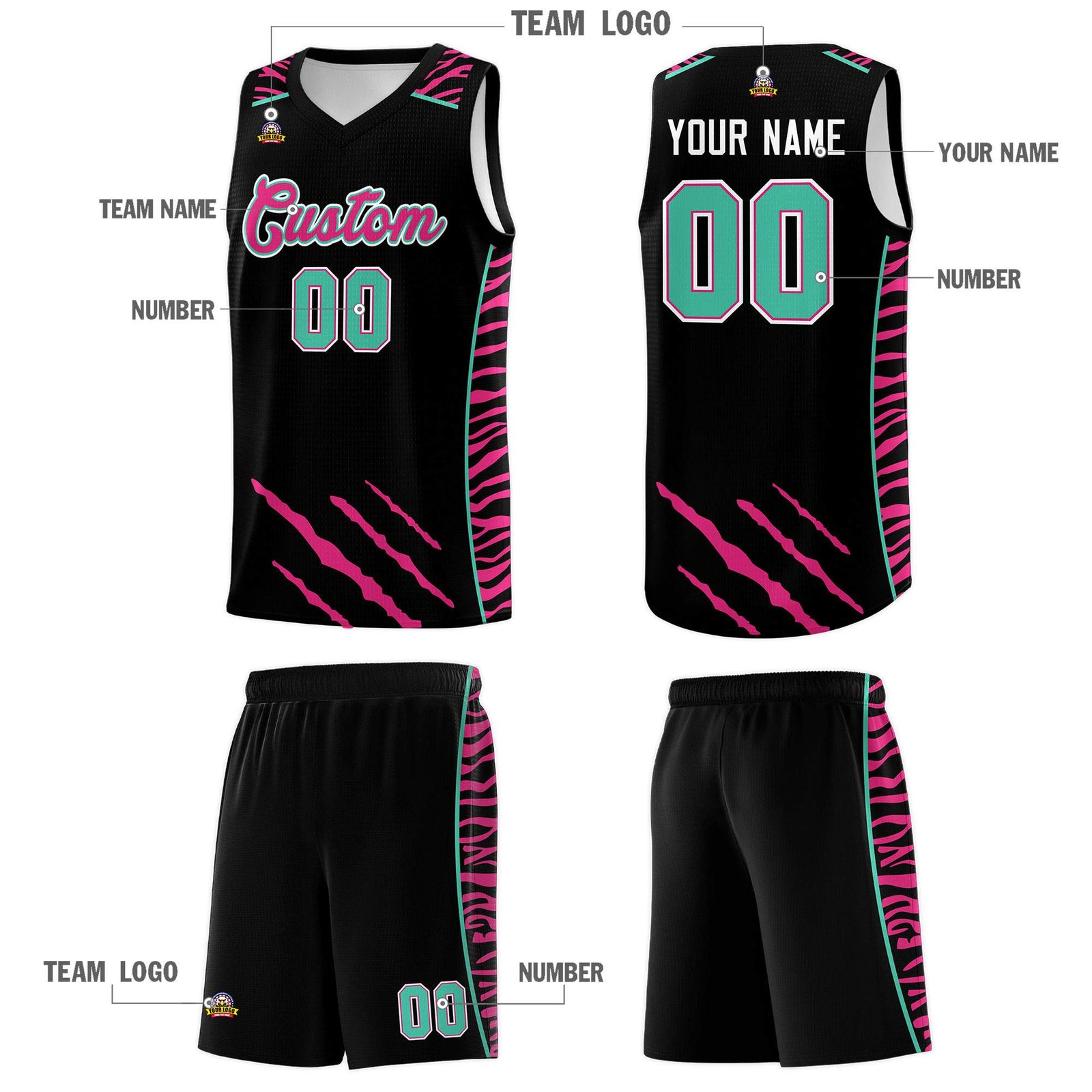 Custom Black Personalized Tiger Claw Pattern Sports Uniform Basketball Jersey