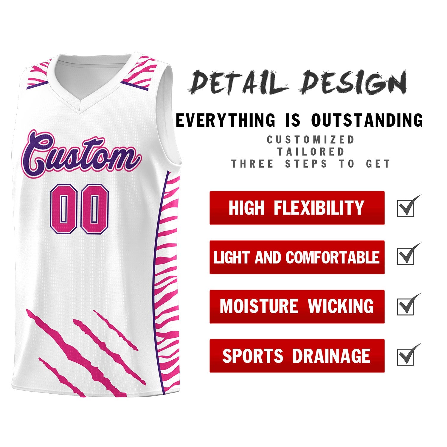 Custom White Personalized Tiger Claw Pattern Sports Uniform Basketball Jersey