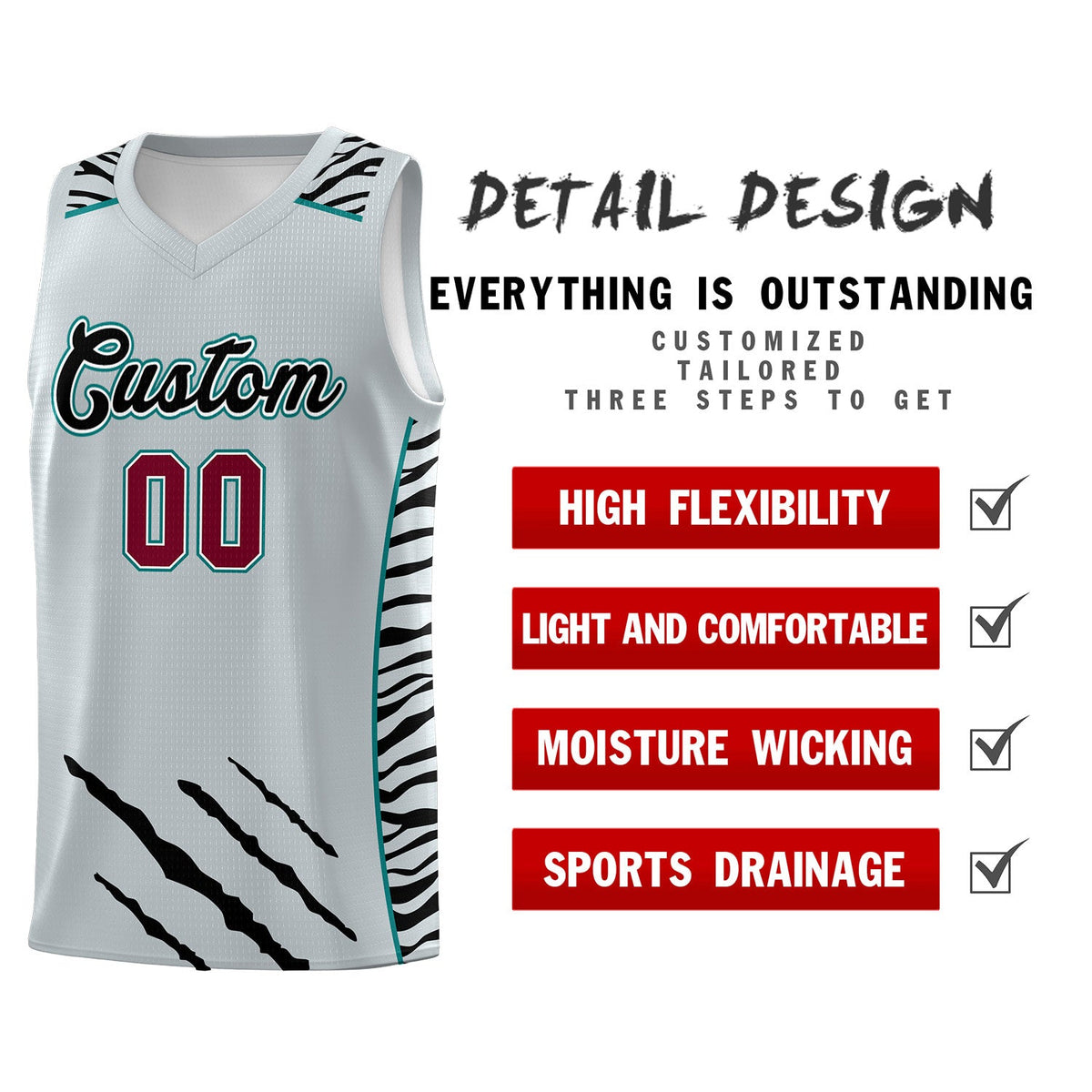 Custom Silver Personalized Tiger Claw Pattern Sports Uniform Basketball Jersey