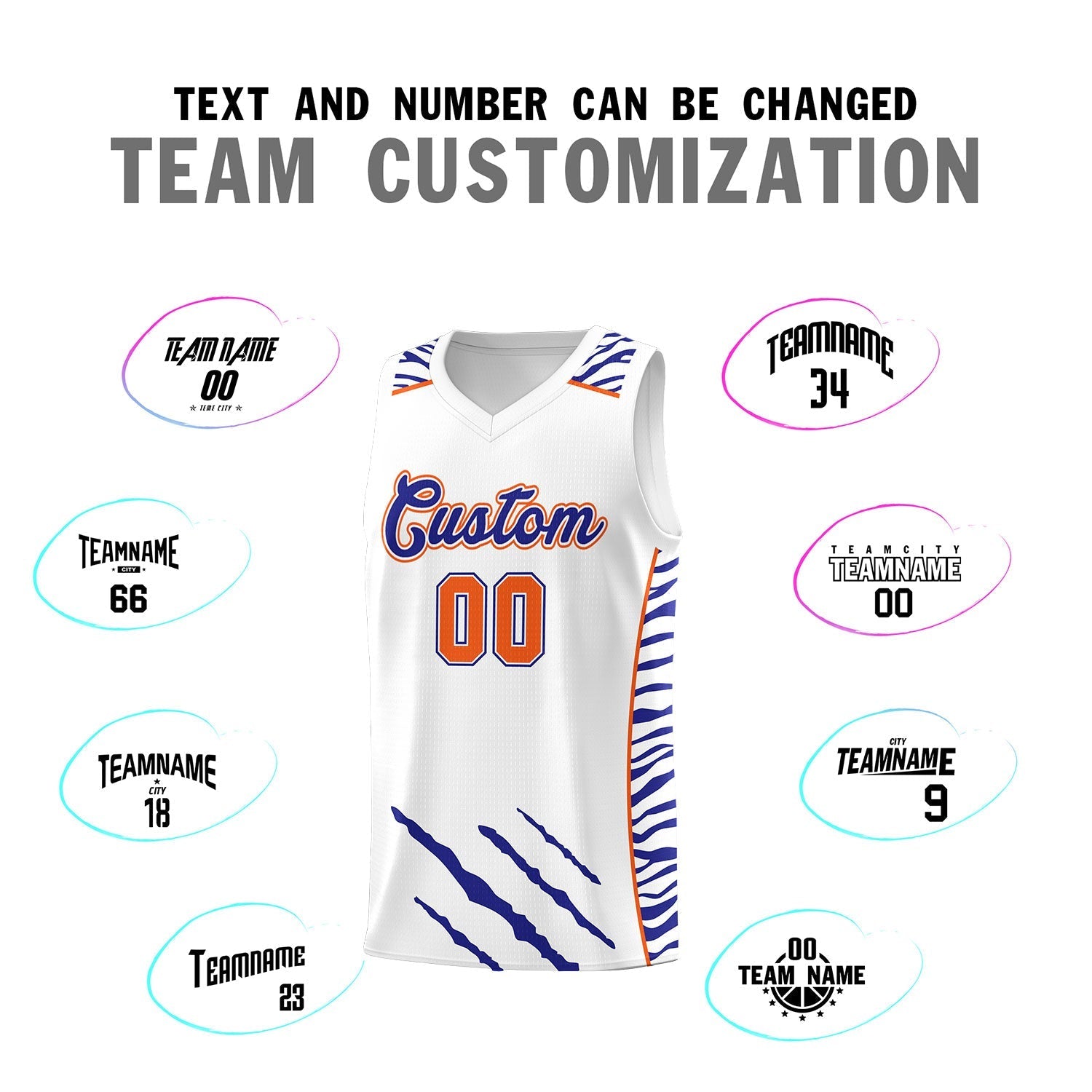 Custom White Personalized Tiger Claw Pattern Sports Uniform Basketball Jersey