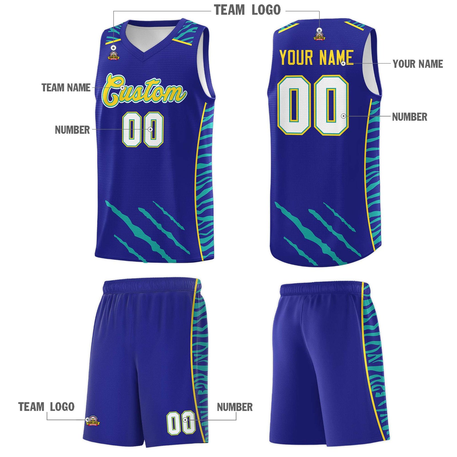 Custom Royal Personalized Tiger Claw Pattern Sports Uniform Basketball Jersey