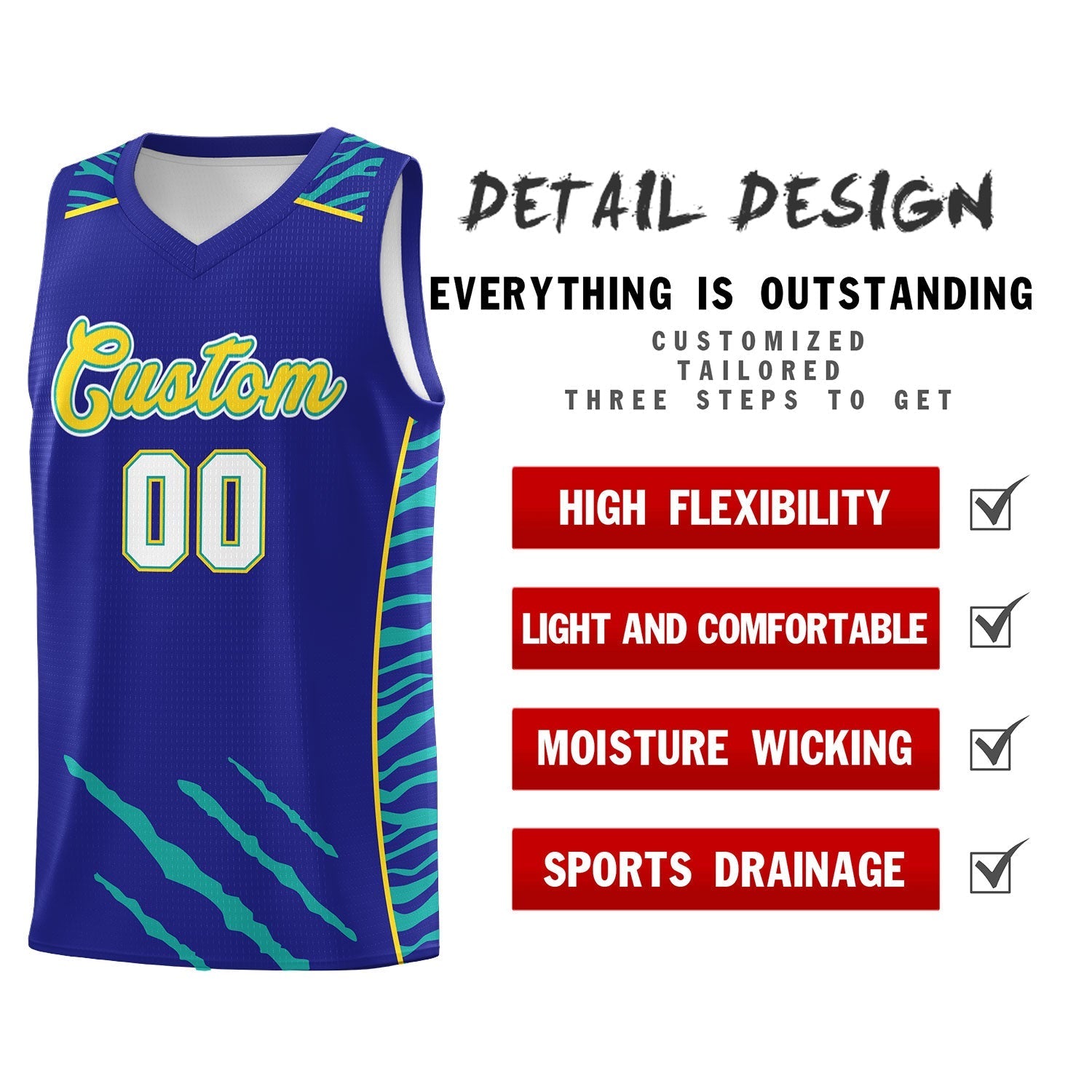 Custom Royal Personalized Tiger Claw Pattern Sports Uniform Basketball Jersey