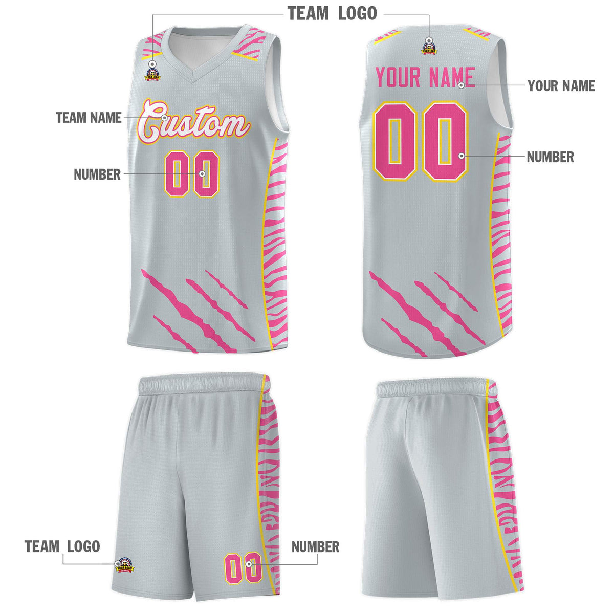 Custom Silver Personalized Tiger Claw Pattern Sports Uniform Basketball Jersey