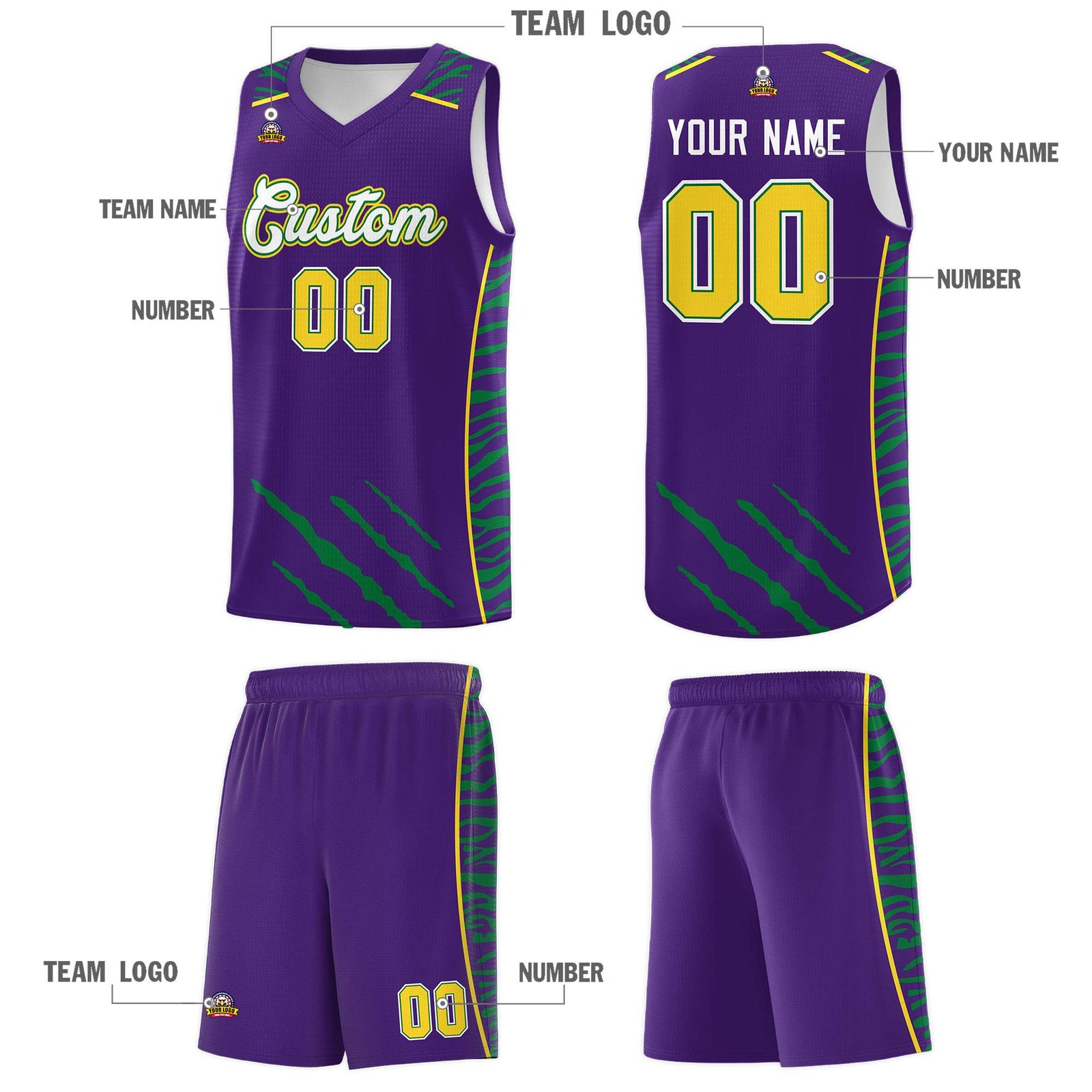 Custom Purple Personalized Tiger Claw Pattern Sports Uniform Basketball Jersey
