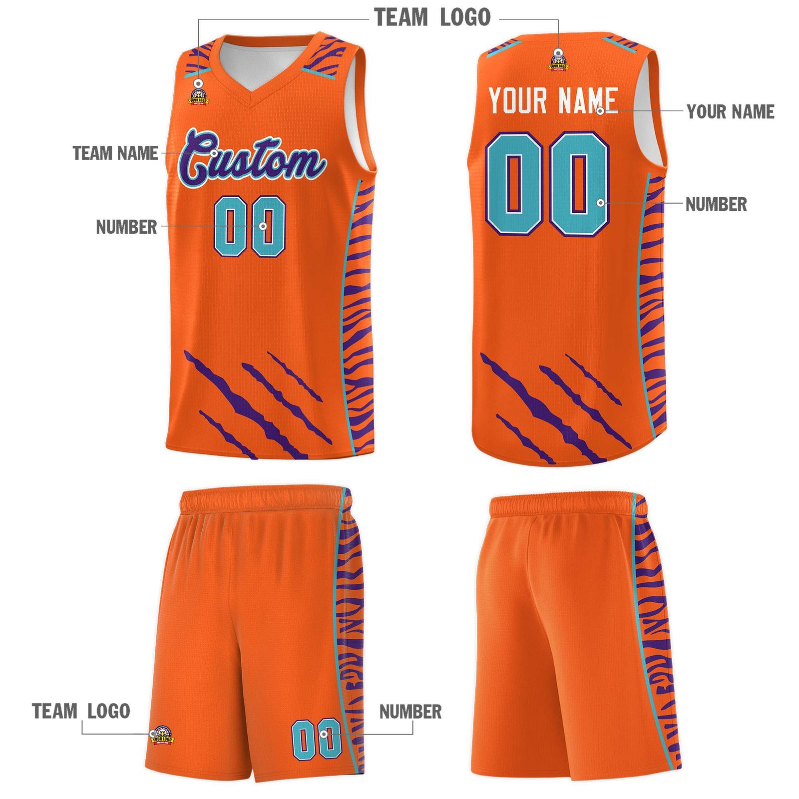 Custom Orange Personalized Tiger Claw Pattern Sports Uniform Basketball Jersey