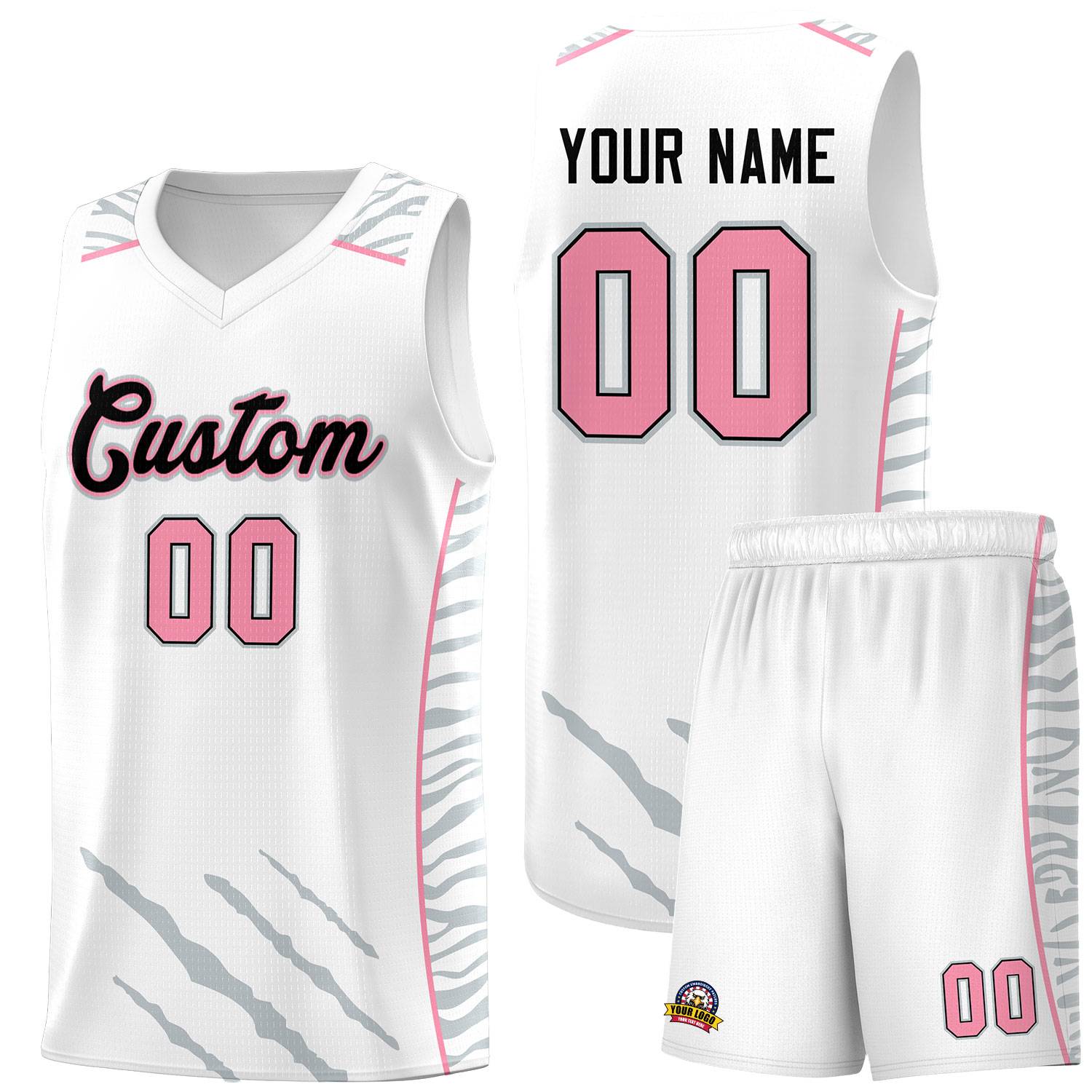 Custom White Personalized Tiger Claw Pattern Sports Uniform Basketball Jersey