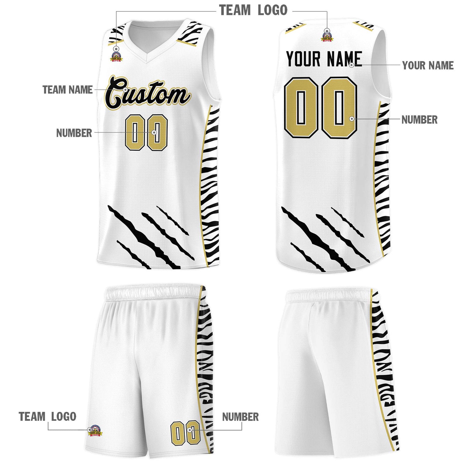Custom White Personalized Tiger Claw Pattern Sports Uniform Basketball Jersey
