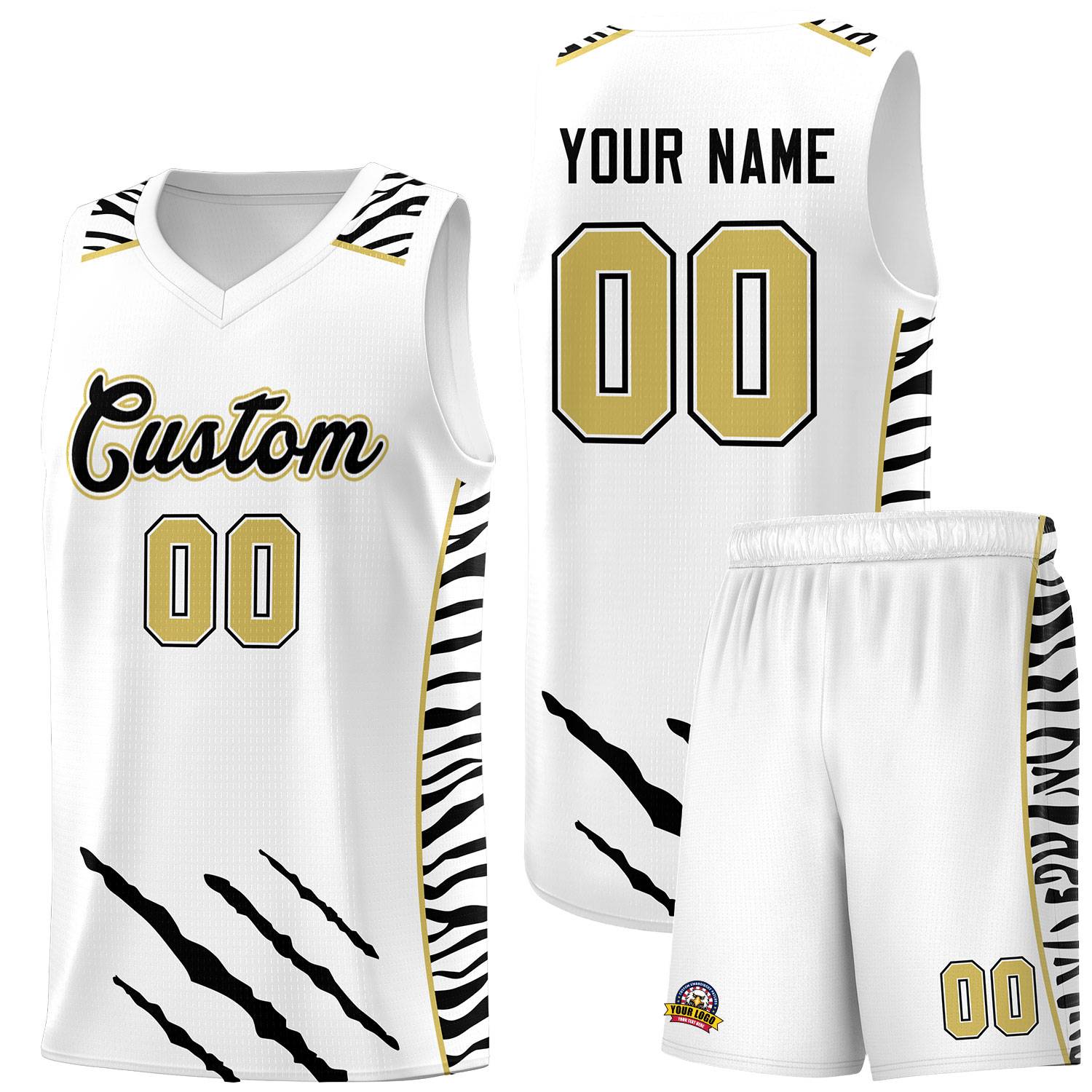 Custom White Personalized Tiger Claw Pattern Sports Uniform Basketball Jersey